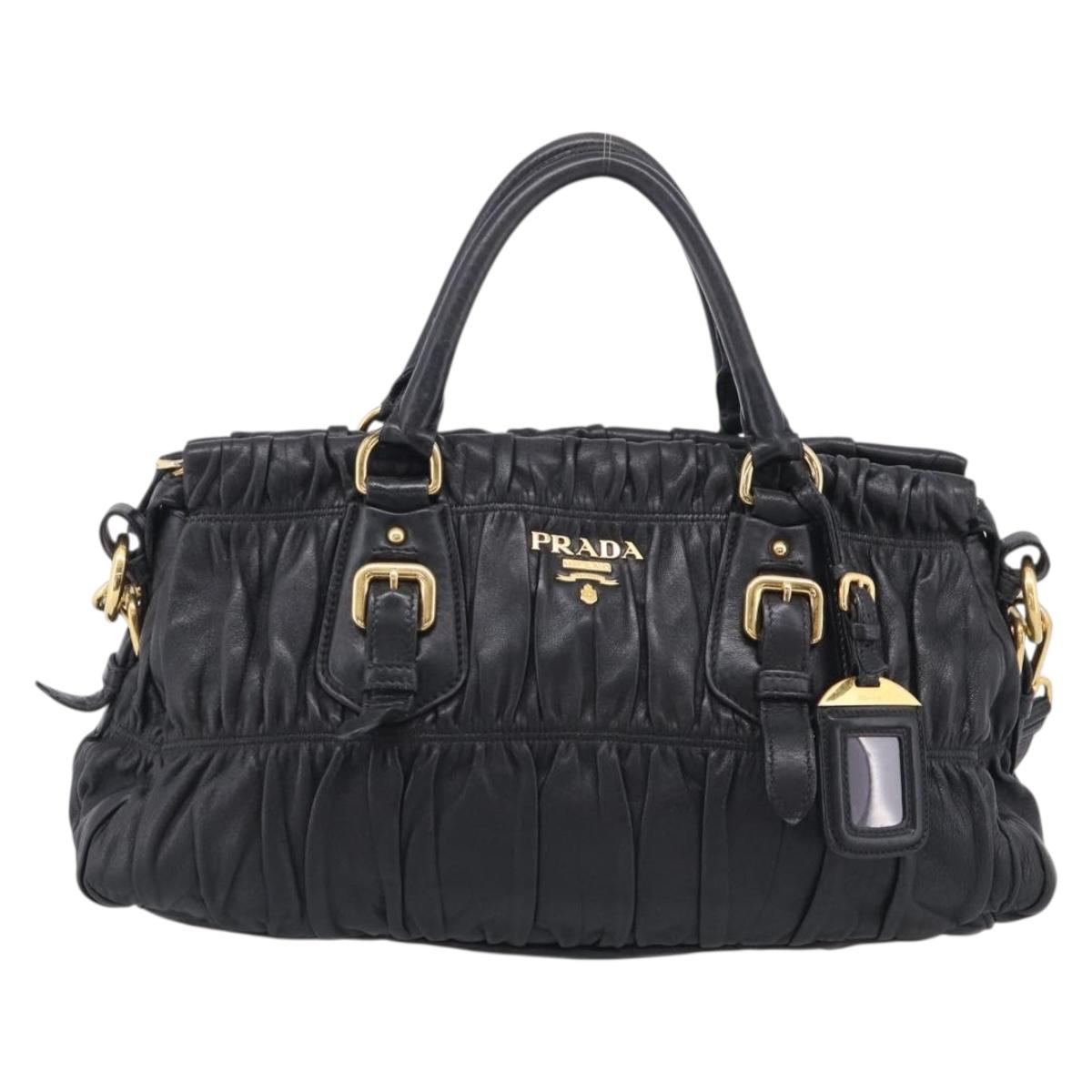 PRADA Gathered Hand Bag Leather 2way Black Gold Auth 210378A