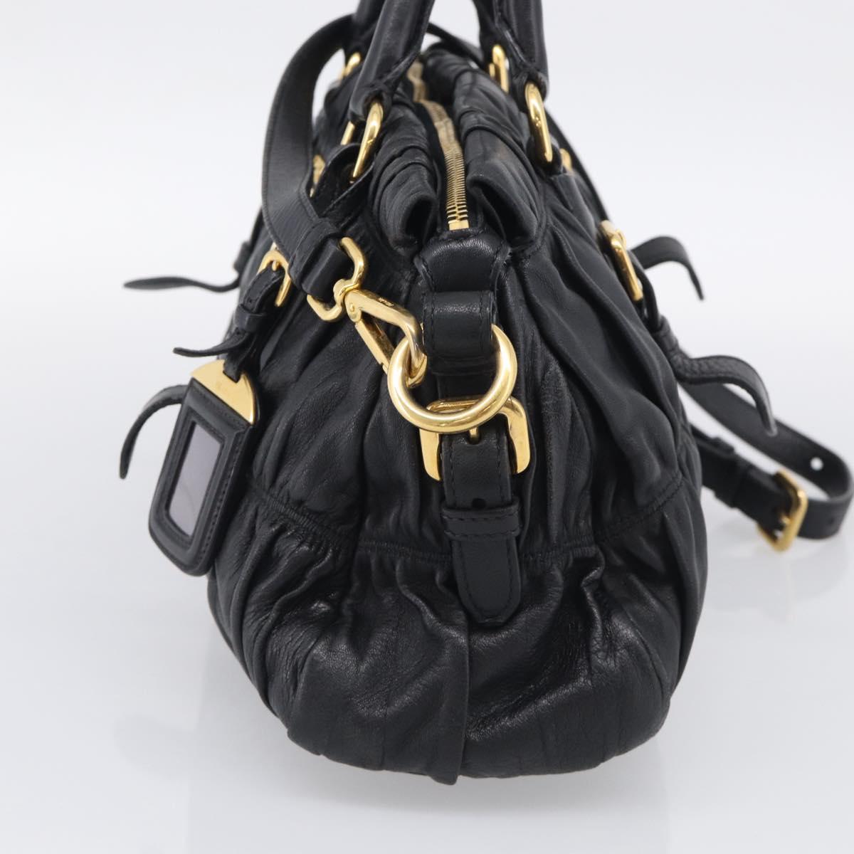PRADA Gathered Hand Bag Leather 2way Black Gold Auth 210378A