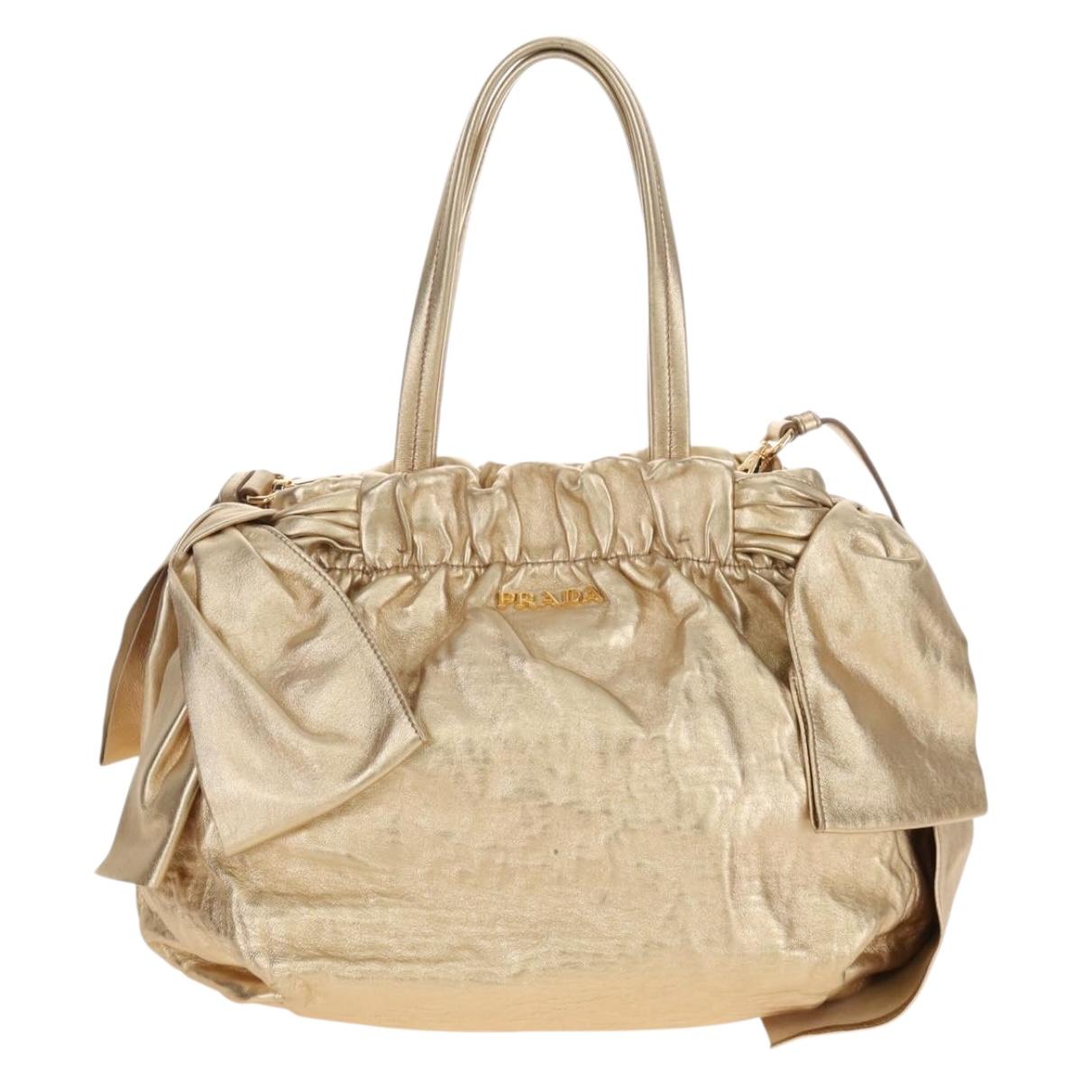 PRADA Hand Bag Leather 2way Gold Auth 210379SAM