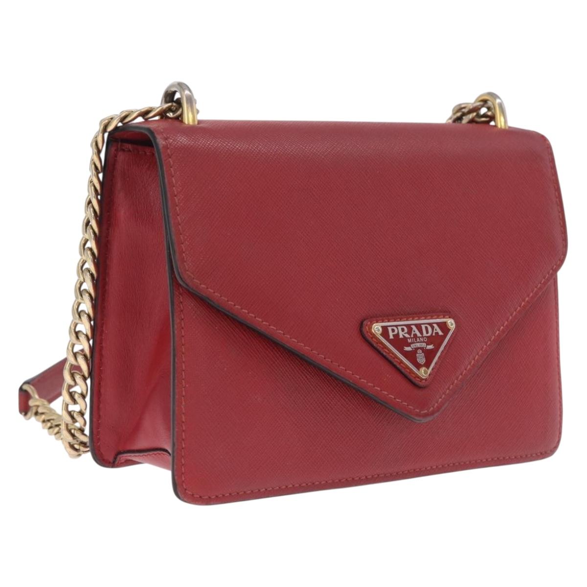 PRADA Chain Shoulder Bag Safiano leather Red Gold Auth 210380A