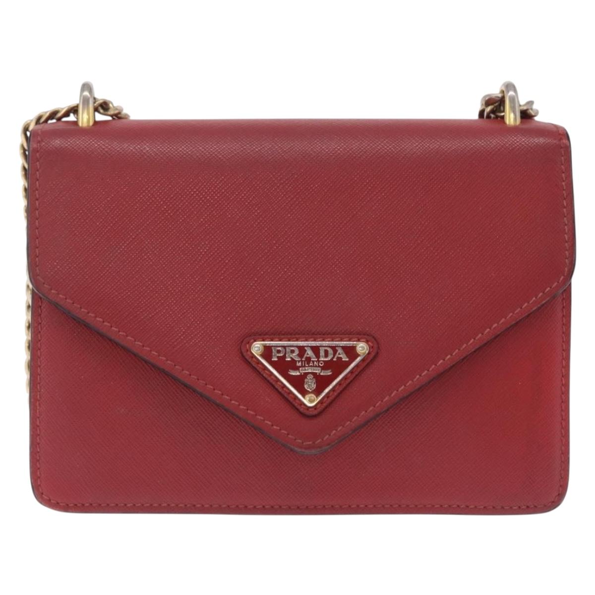 PRADA Chain Shoulder Bag Safiano leather Red Gold Auth 210380A