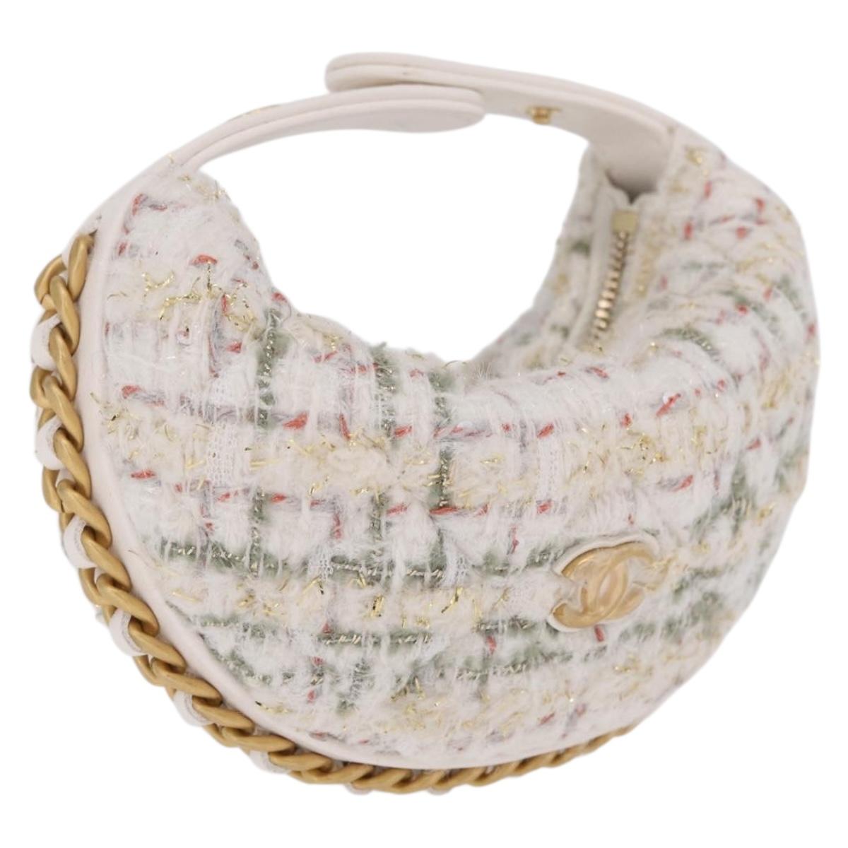 CHANEL Hand Bag Tweed 2way White Gold Tone CC Auth 210382SM