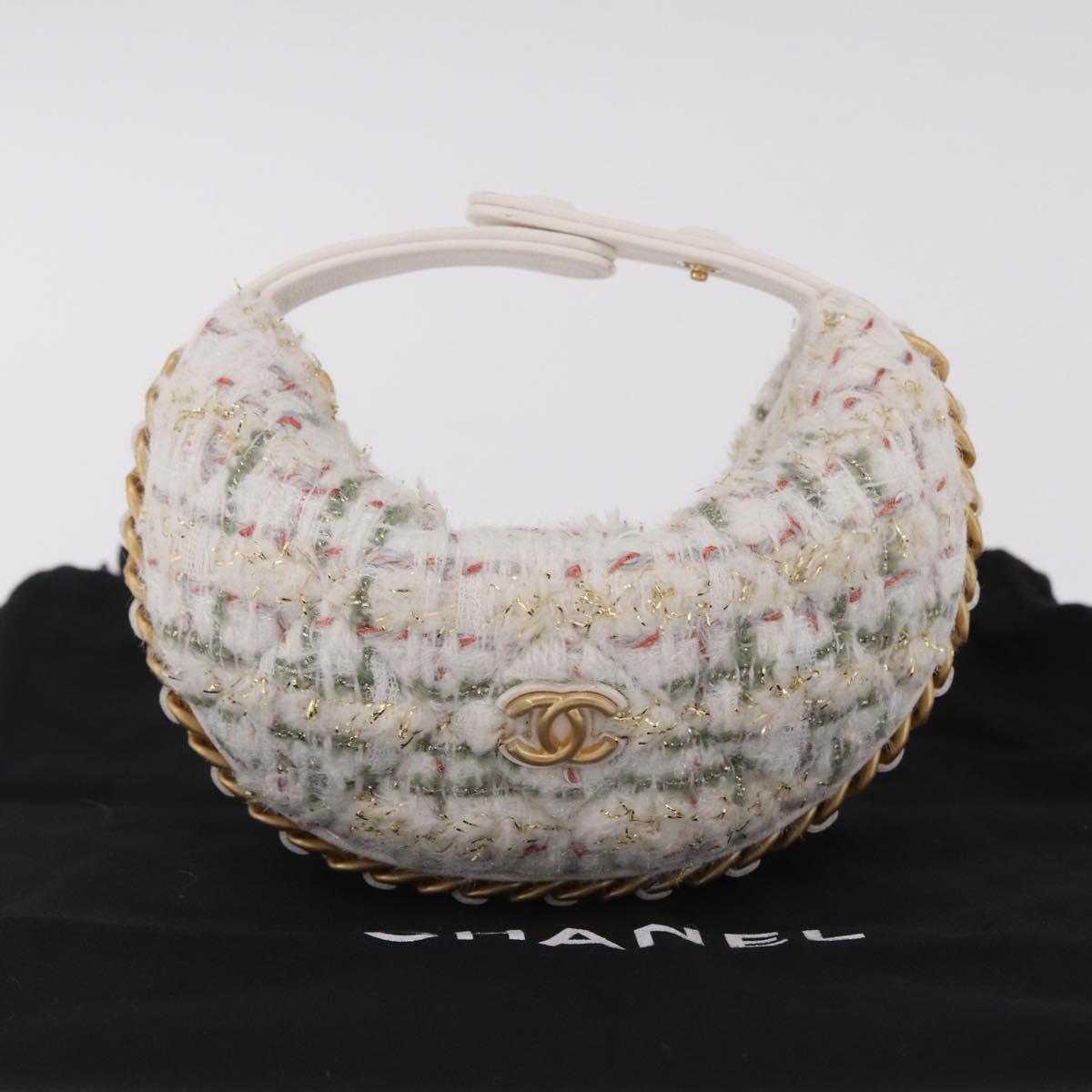 CHANEL Hand Bag Tweed 2way White Gold Tone CC Auth 210382SM