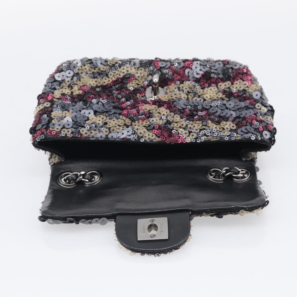 CHANEL Chain Shoulder Bag Leather Sequins Gray Silver CC Auth 210383SM
