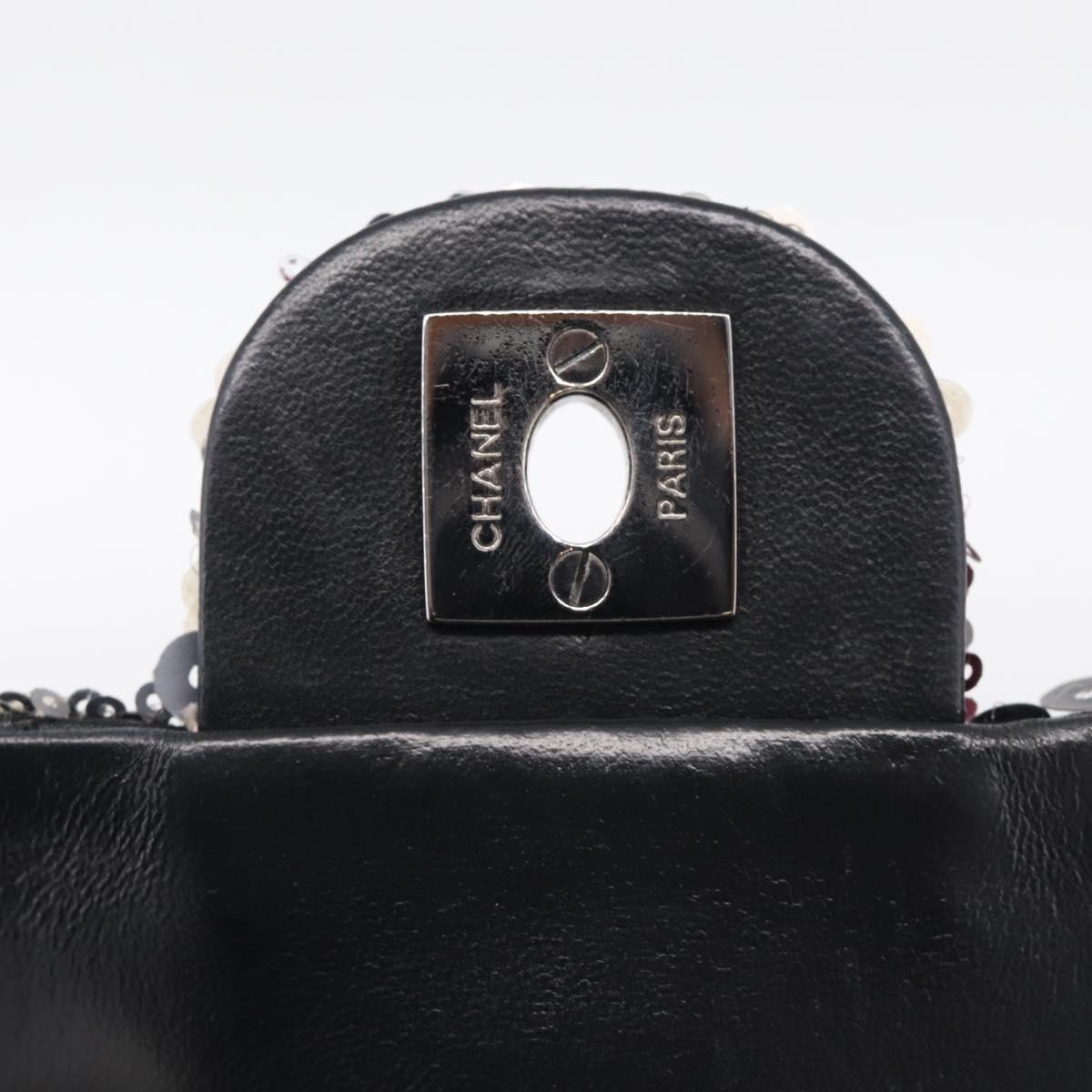 CHANEL Chain Shoulder Bag Leather Sequins Gray Silver CC Auth 210383SM