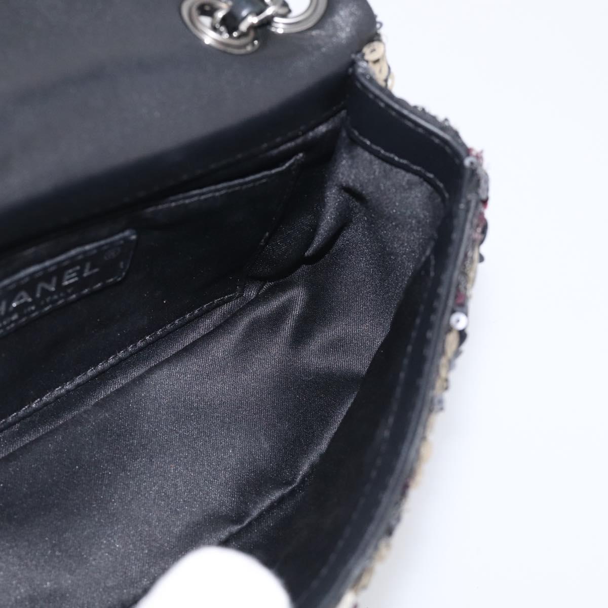 CHANEL Chain Shoulder Bag Leather Sequins Gray Silver CC Auth 210383SM