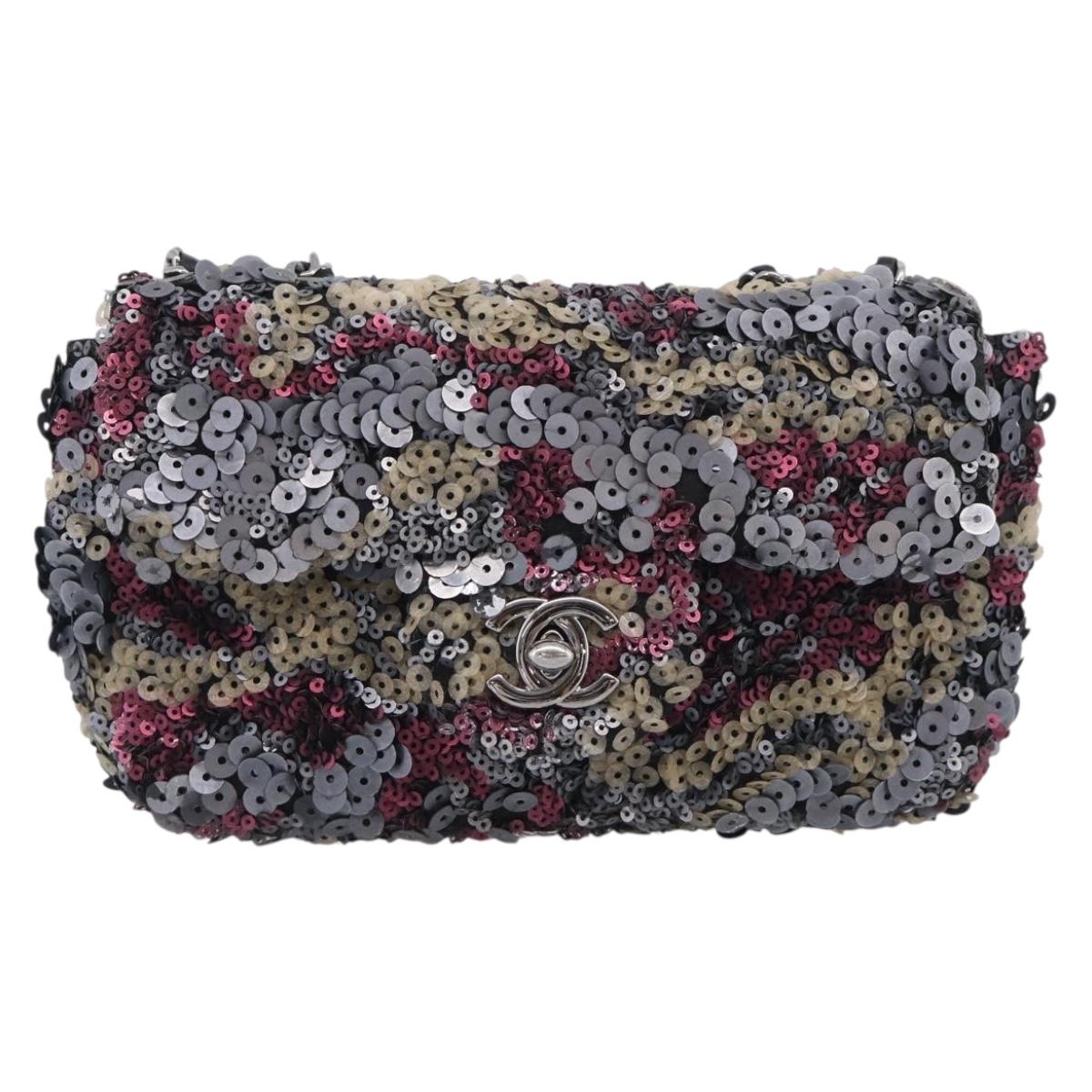 CHANEL Chain Shoulder Bag Leather Sequins Gray Silver CC Auth 210383SM