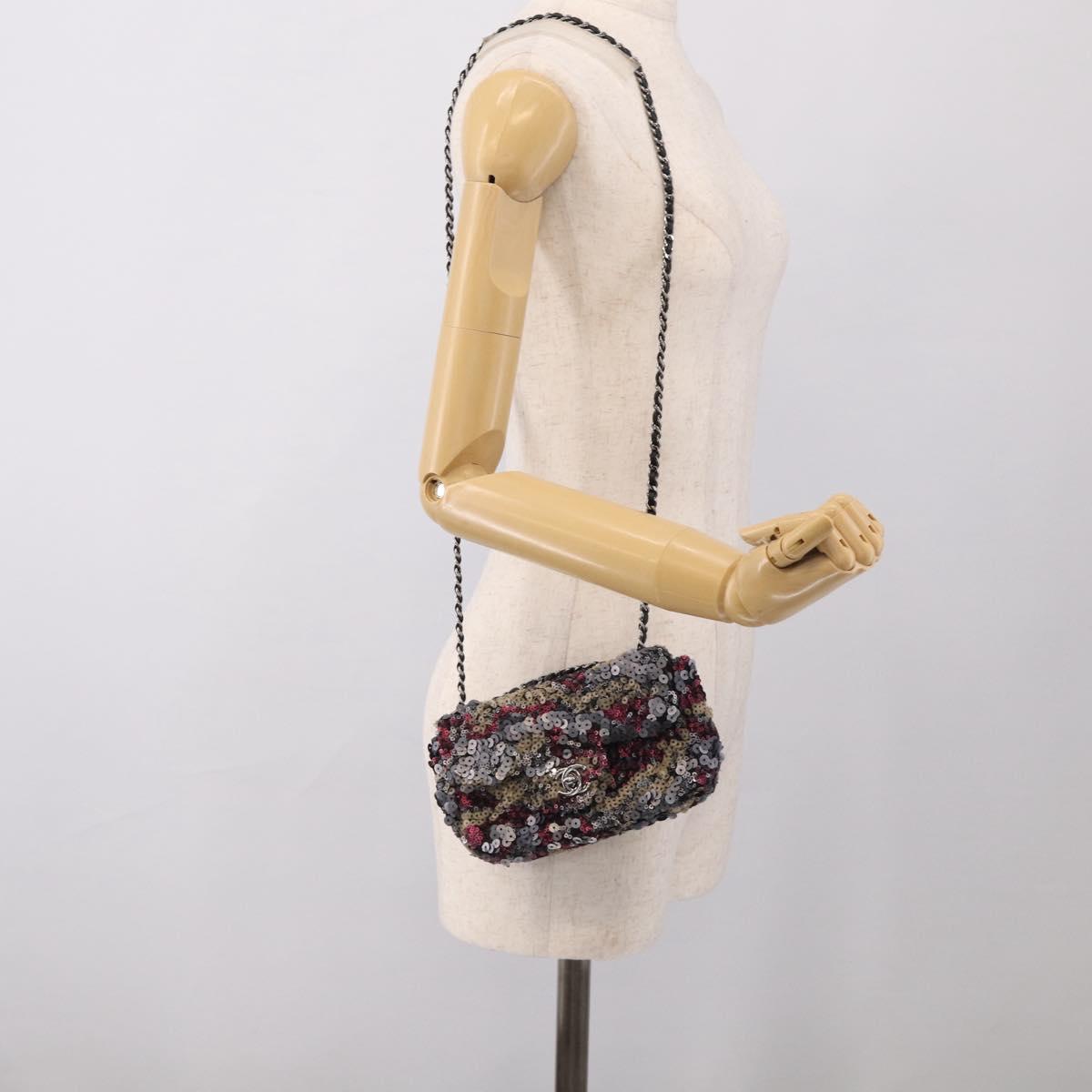 CHANEL Chain Shoulder Bag Leather Sequins Gray Silver CC Auth 210383SM