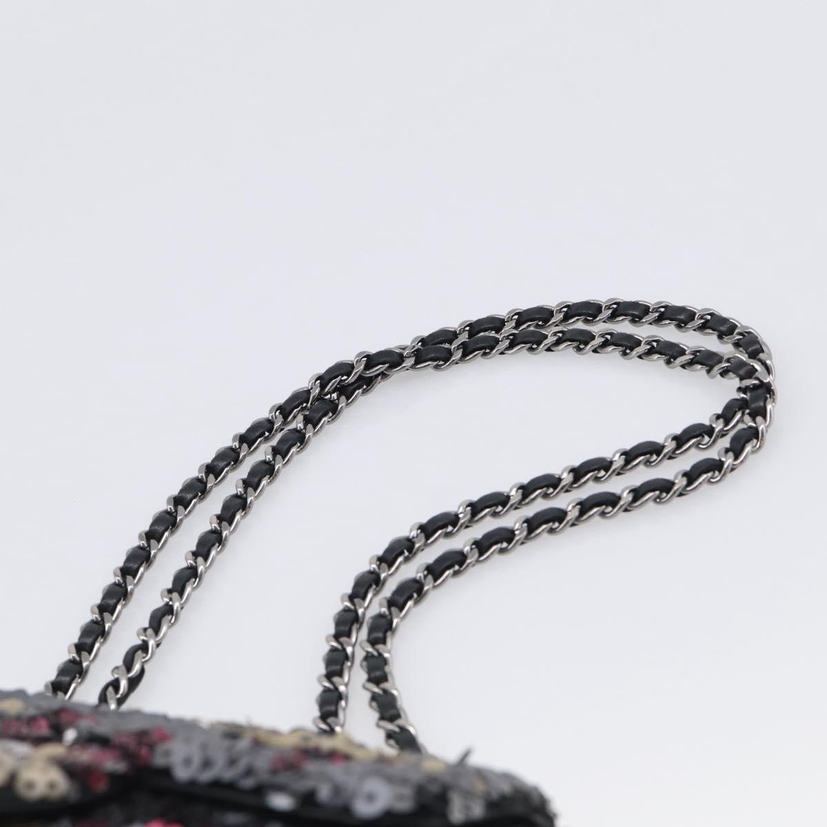 CHANEL Chain Shoulder Bag Leather Sequins Gray Silver CC Auth 210383SM