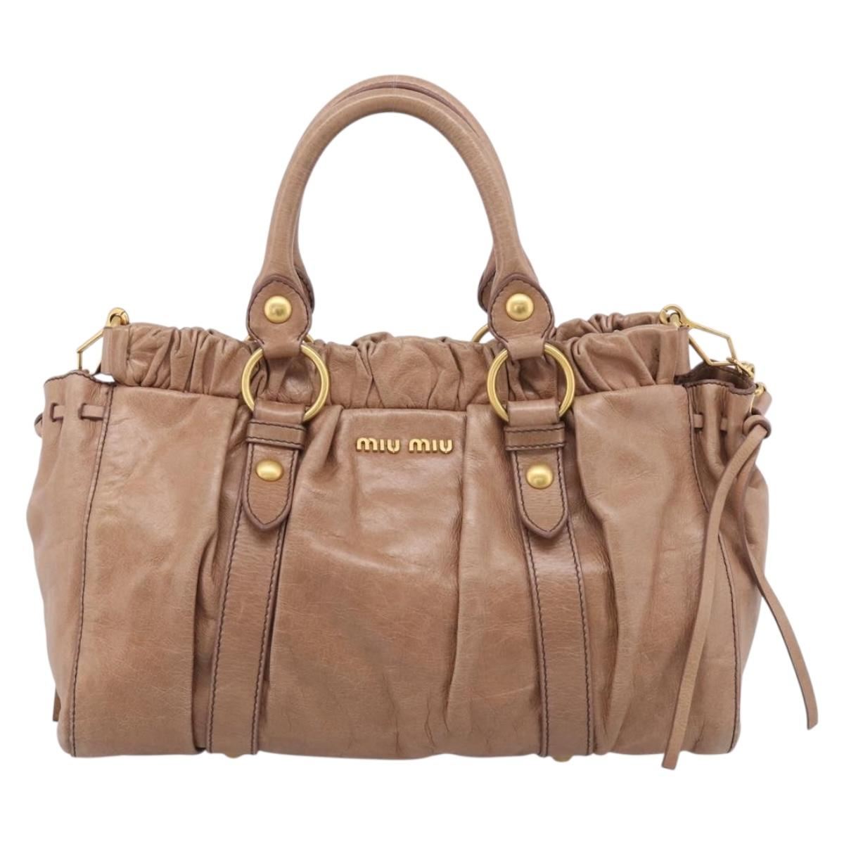 Miu Miu Vitellolux Hand Bag Leather 2way Beige Gold Auth 210421V