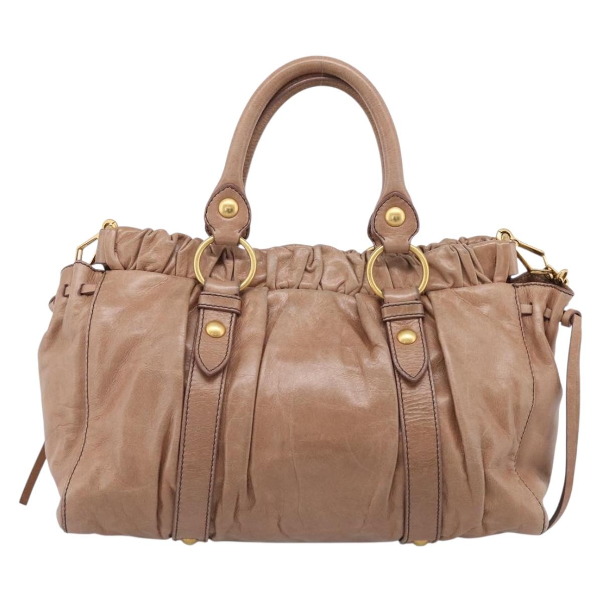 Miu Miu Vitellolux Hand Bag Leather 2way Beige Gold Auth 210421V