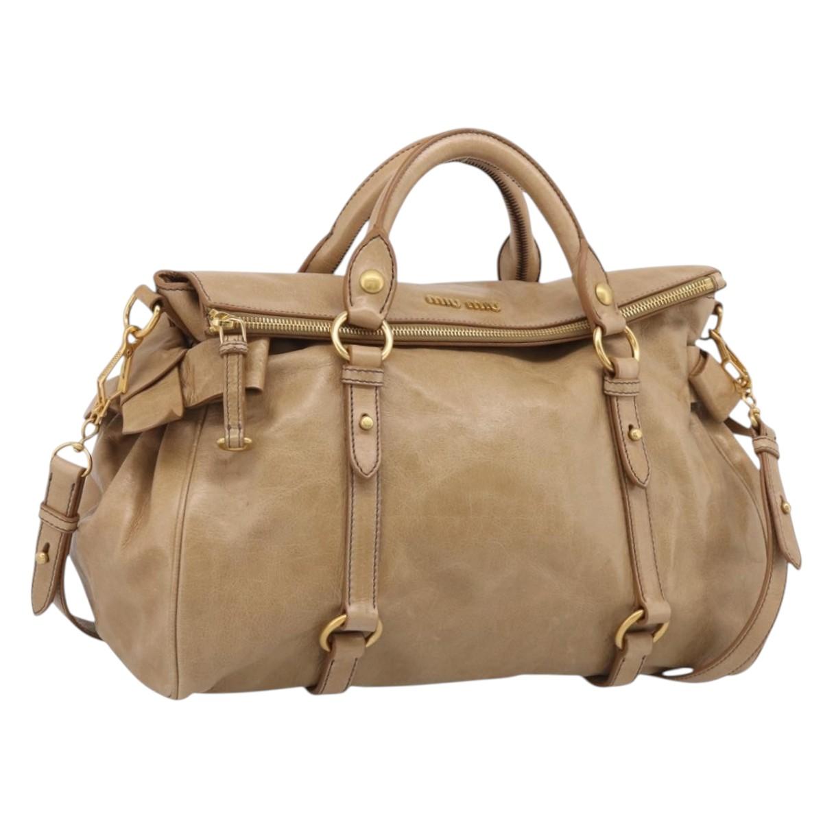 Miu Miu Vitellolux Hand Bag Leather 2way Beige Gold Auth 210423M
