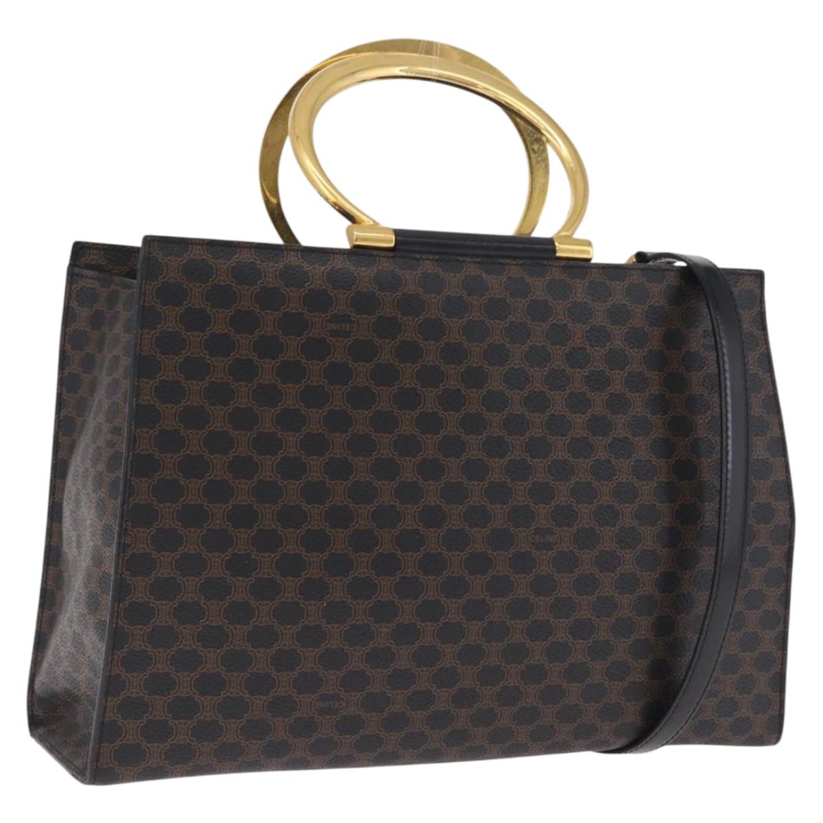 CELINE Macadam Canvas Hand Bag PVC Leather 2way Black Gold Auth 210448A
