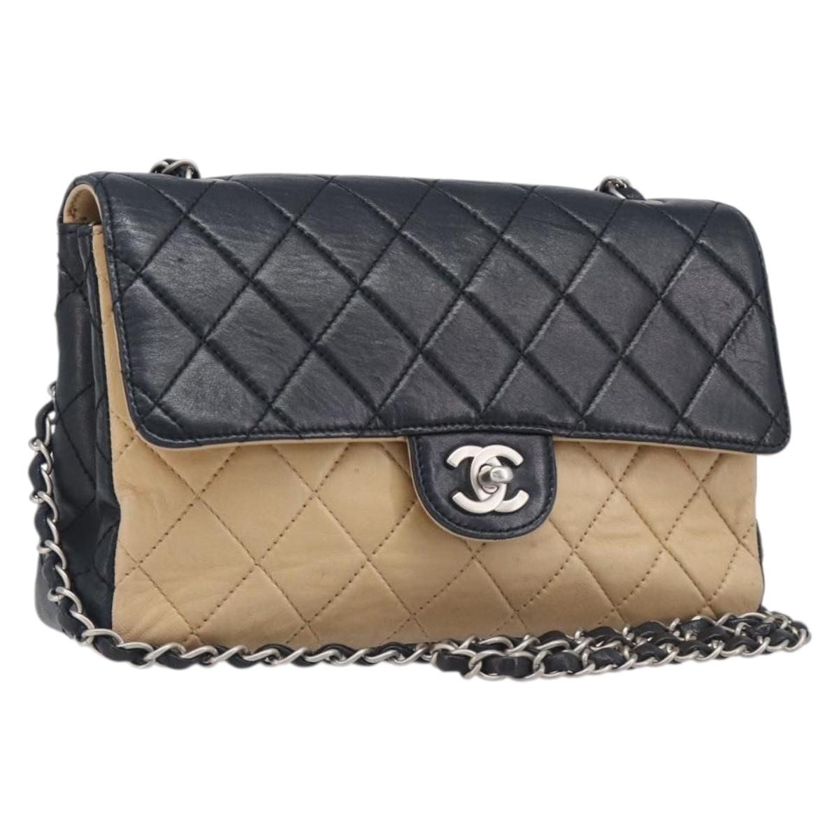 CHANEL Matelasse Chain Shoulder Bag Lamb Skin Black Beige CC Auth 210449V