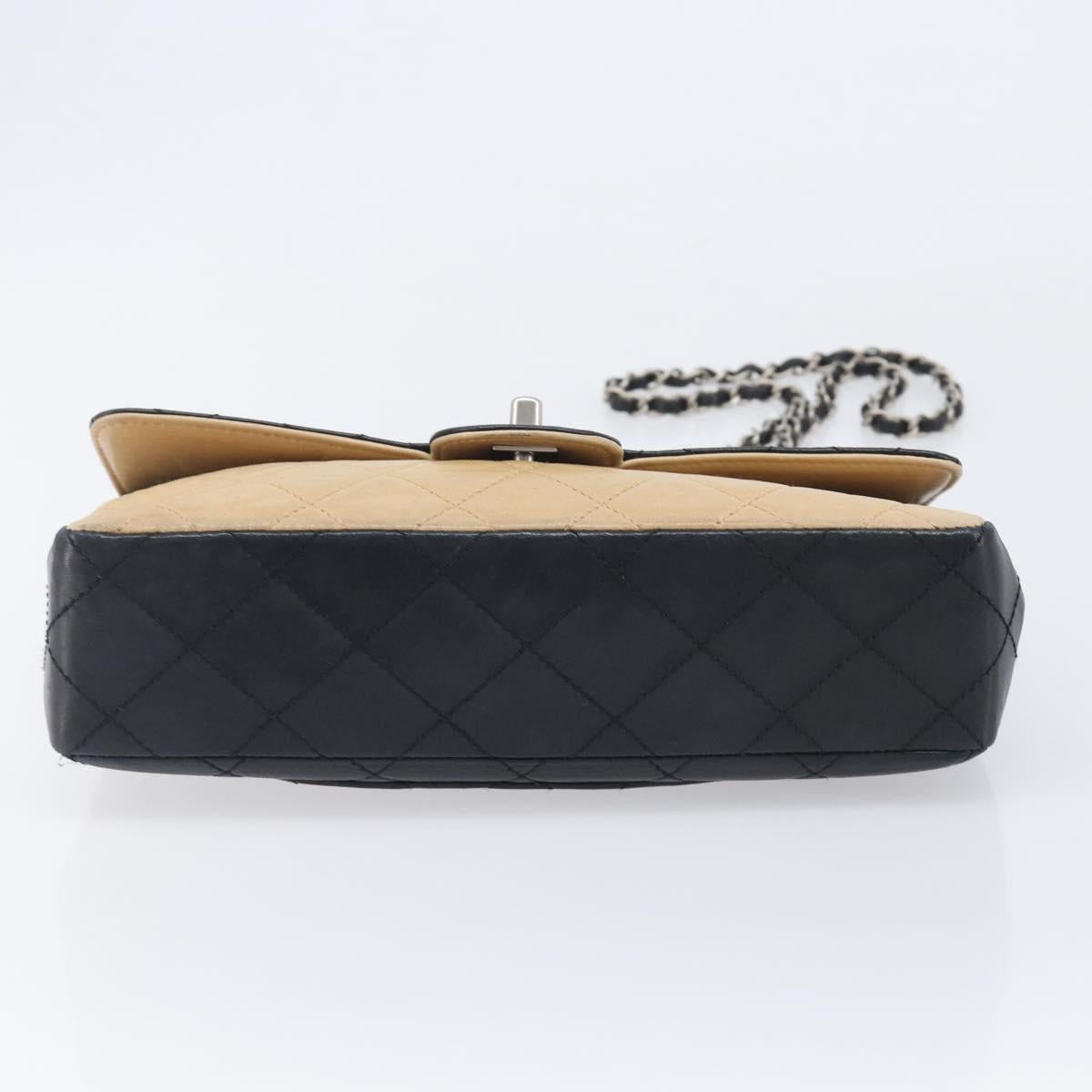 CHANEL Matelasse Chain Shoulder Bag Lamb Skin Black Beige CC Auth 210449V