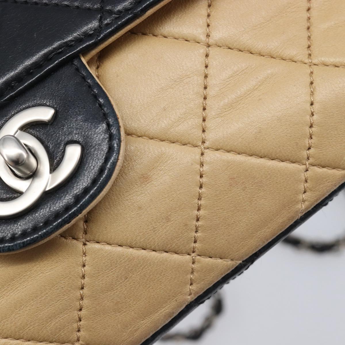 CHANEL Matelasse Chain Shoulder Bag Lamb Skin Black Beige CC Auth 210449V
