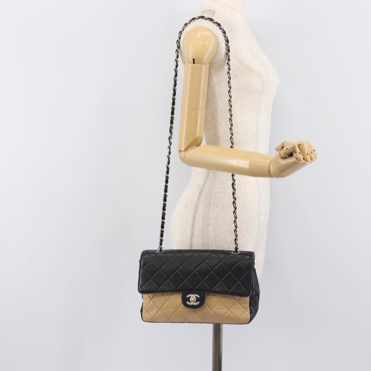 CHANEL Matelasse Chain Shoulder Bag Lamb Skin Black Beige CC Auth 210449V