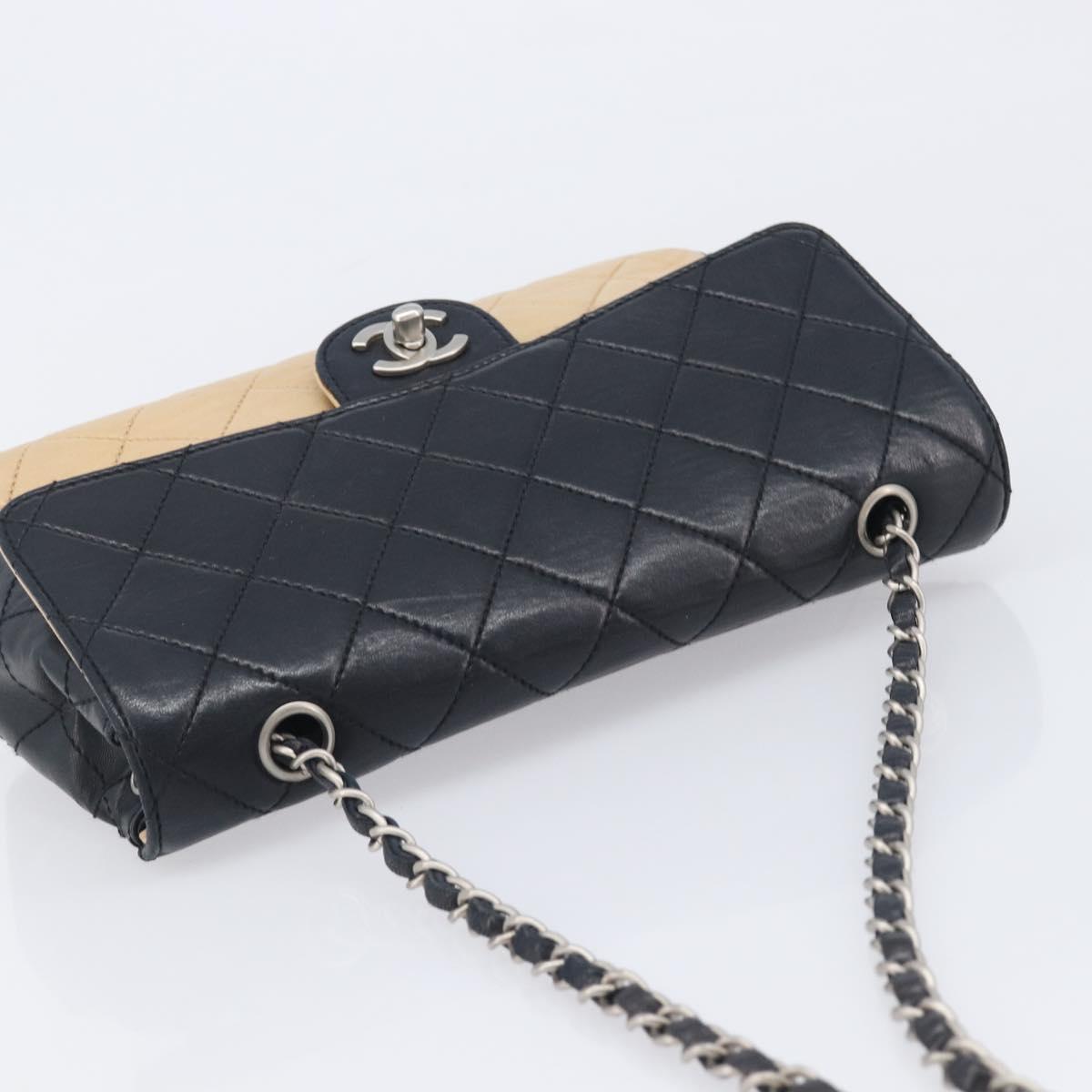 CHANEL Matelasse Chain Shoulder Bag Lamb Skin Black Beige CC Auth 210449V