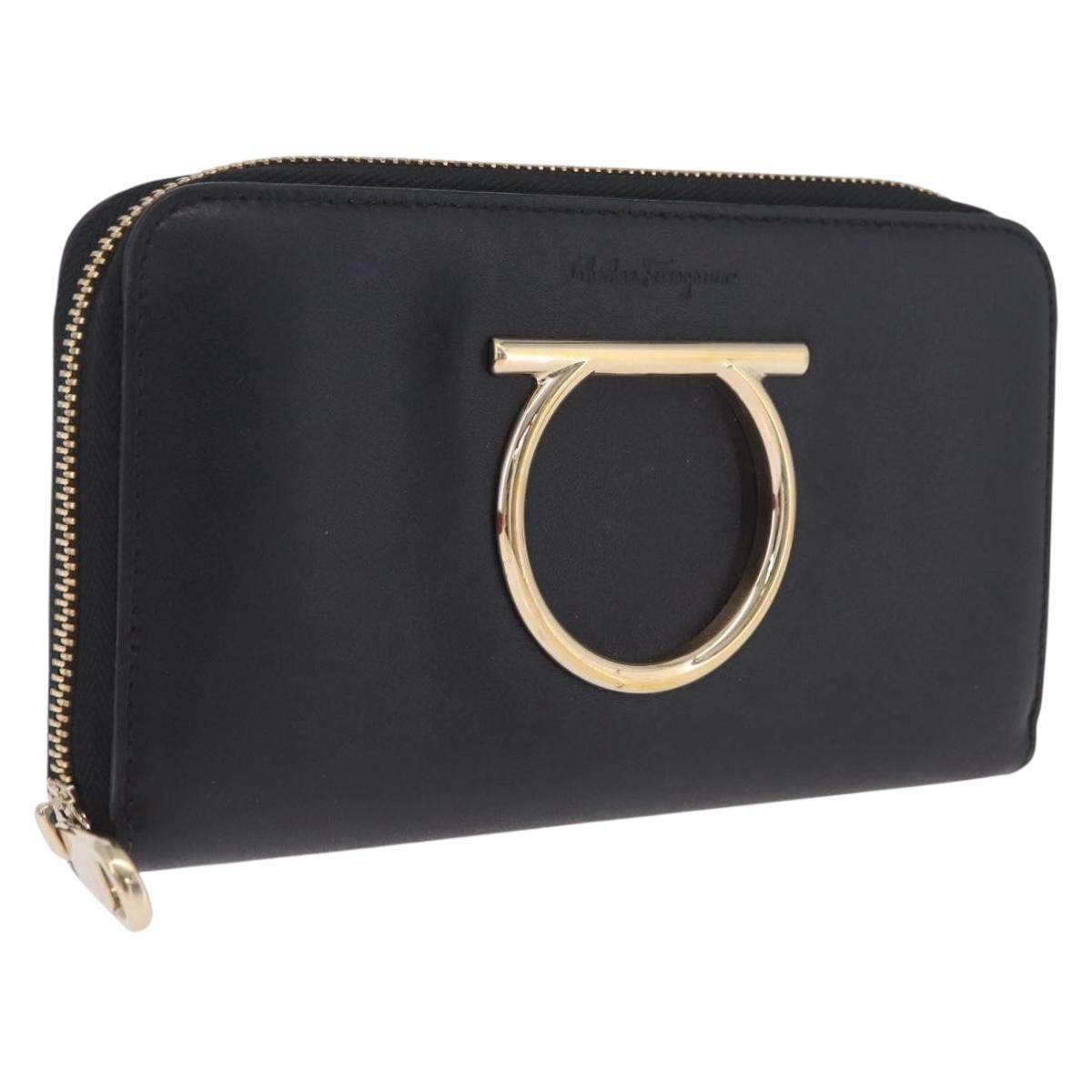 Salvatore Ferragamo Wallet Leather Black Gold Auth 210452M