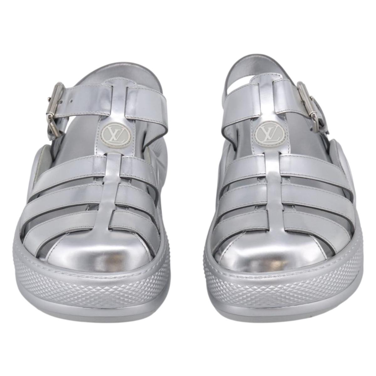 LOUIS VUITTON Sandals Leather 37 Silver LV Auth 210460M