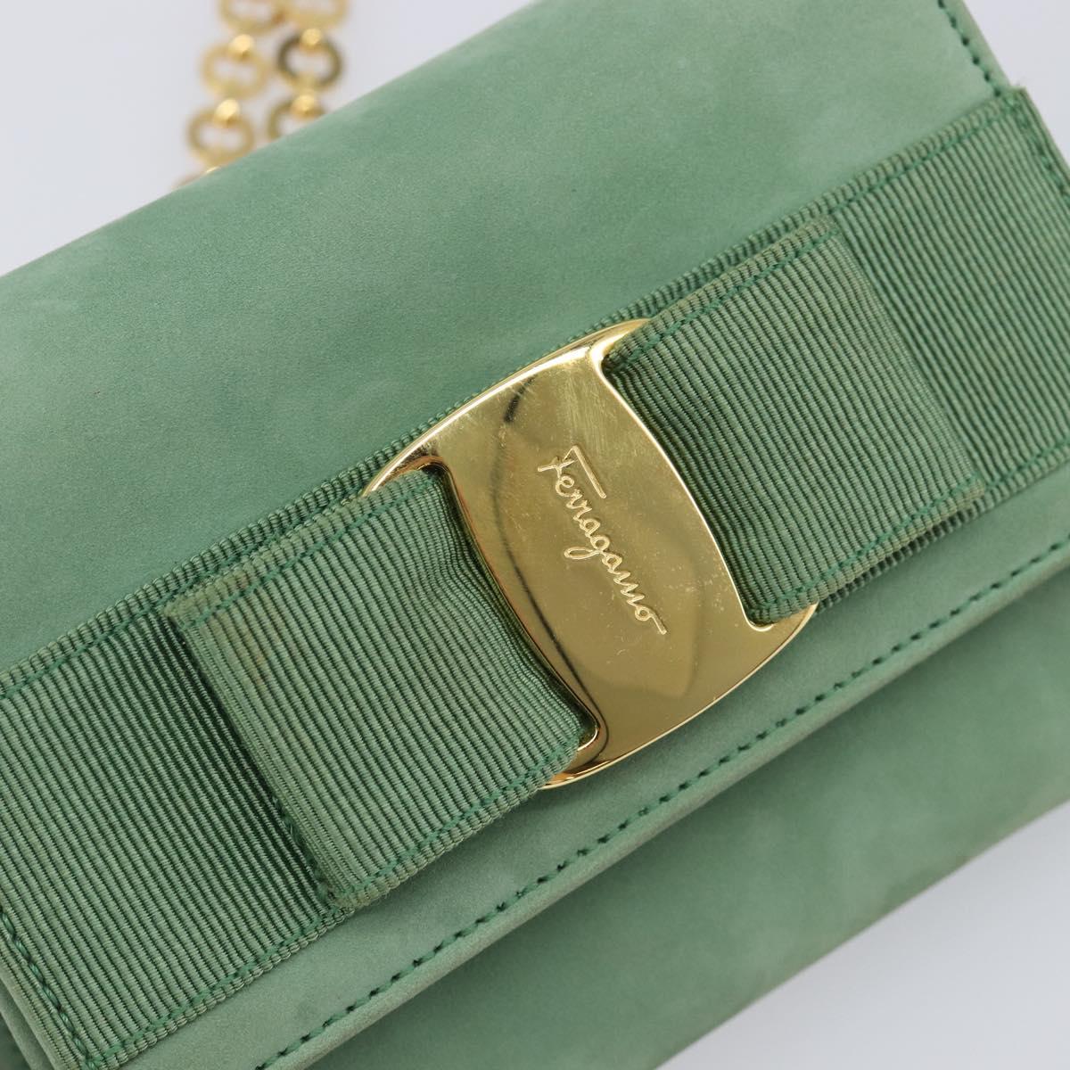Salvatore Ferragamo Chain Shoulder Bag Suede Green Gold Auth 210472A