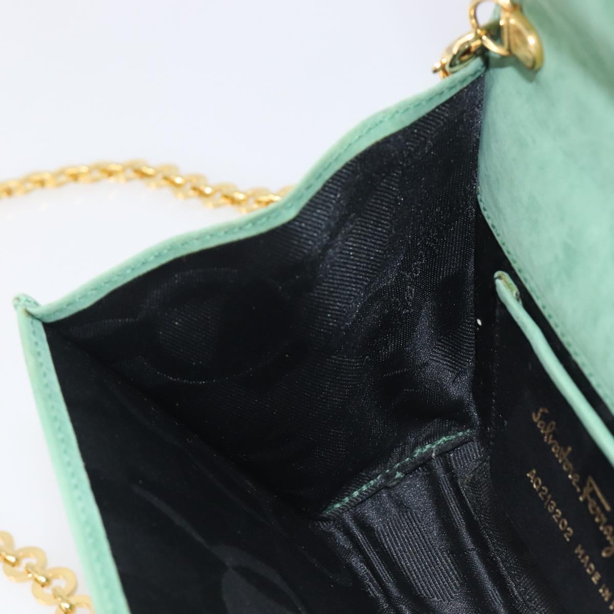 Salvatore Ferragamo Chain Shoulder Bag Suede Green Gold Auth 210472A