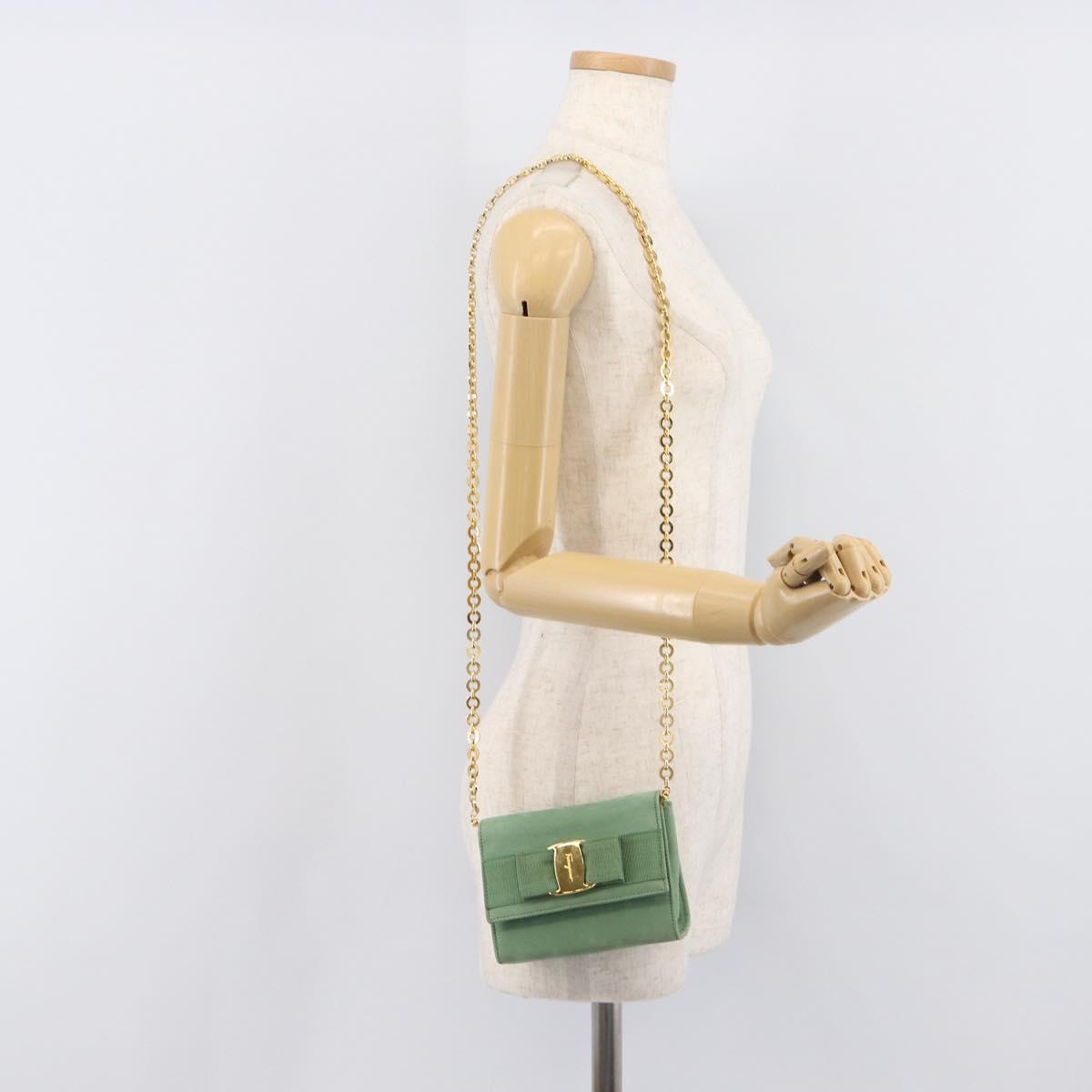 Salvatore Ferragamo Chain Shoulder Bag Suede Green Gold Auth 210472A
