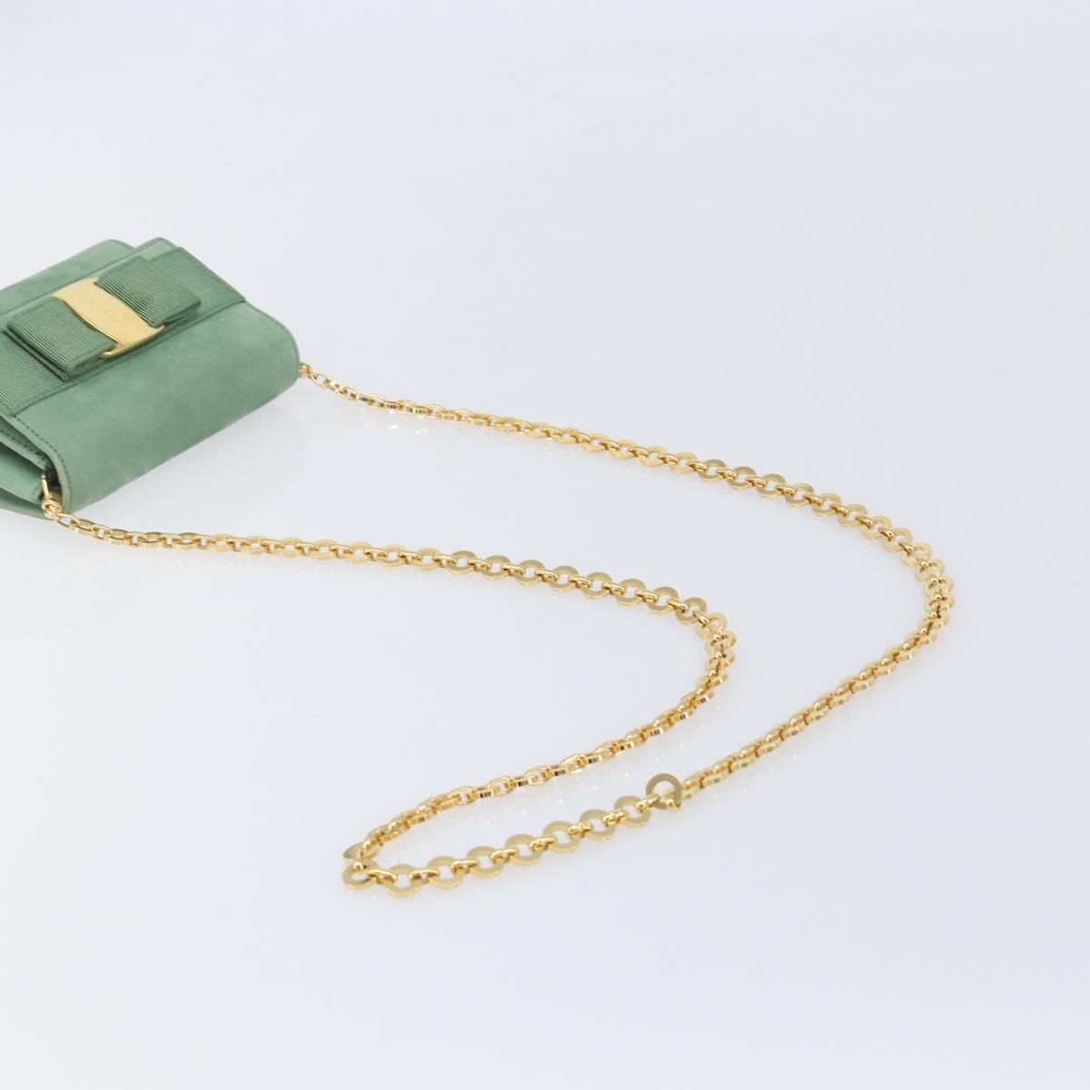 Salvatore Ferragamo Chain Shoulder Bag Suede Green Gold Auth 210472A