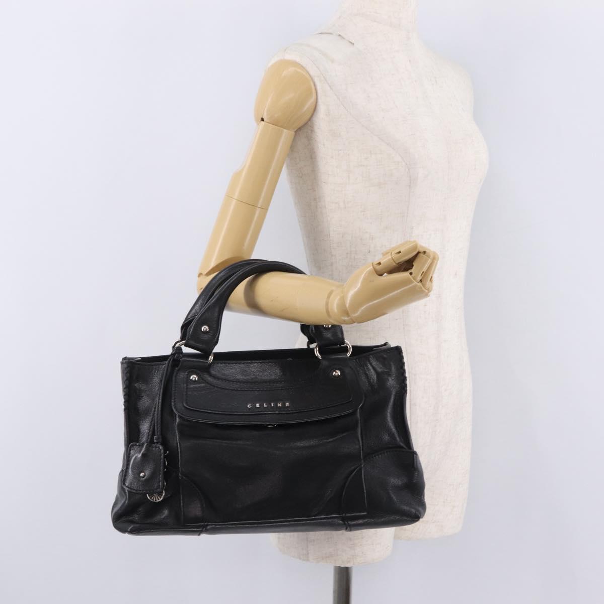 CELINE Hand Bag Leather Black Silver Auth 210485V