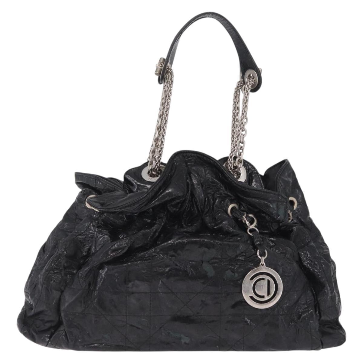 Christian Dior Canage Shoulder Bag Patent Leather Black Silver Auth 210486