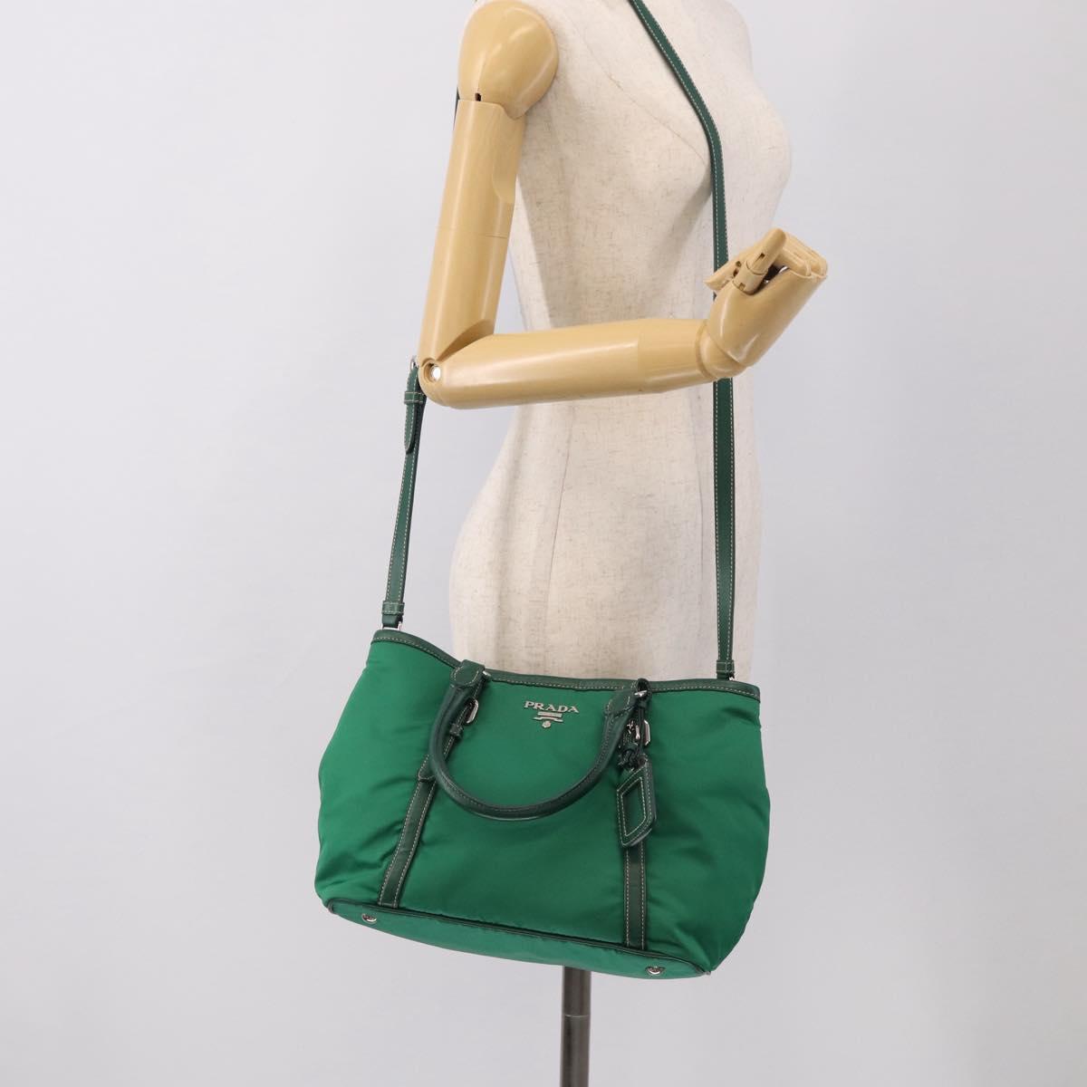PRADA Hand Bag Nylon 2way Green Silver Auth 210496M