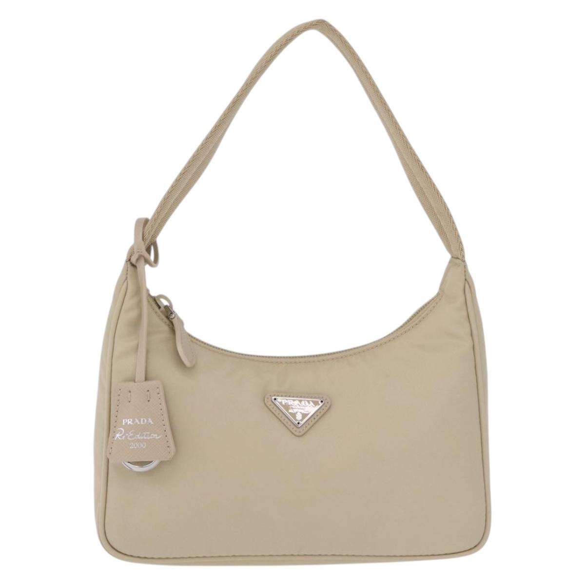 PRADA Hand Bag Nylon Beige Silver Auth 210498V