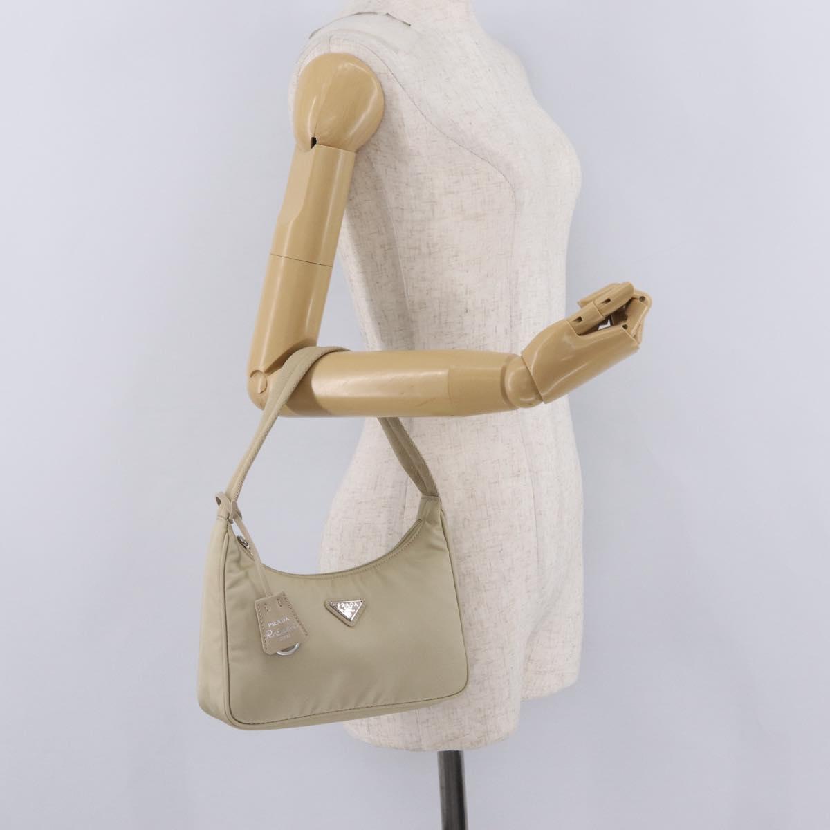 PRADA Hand Bag Nylon Beige Silver Auth 210498V