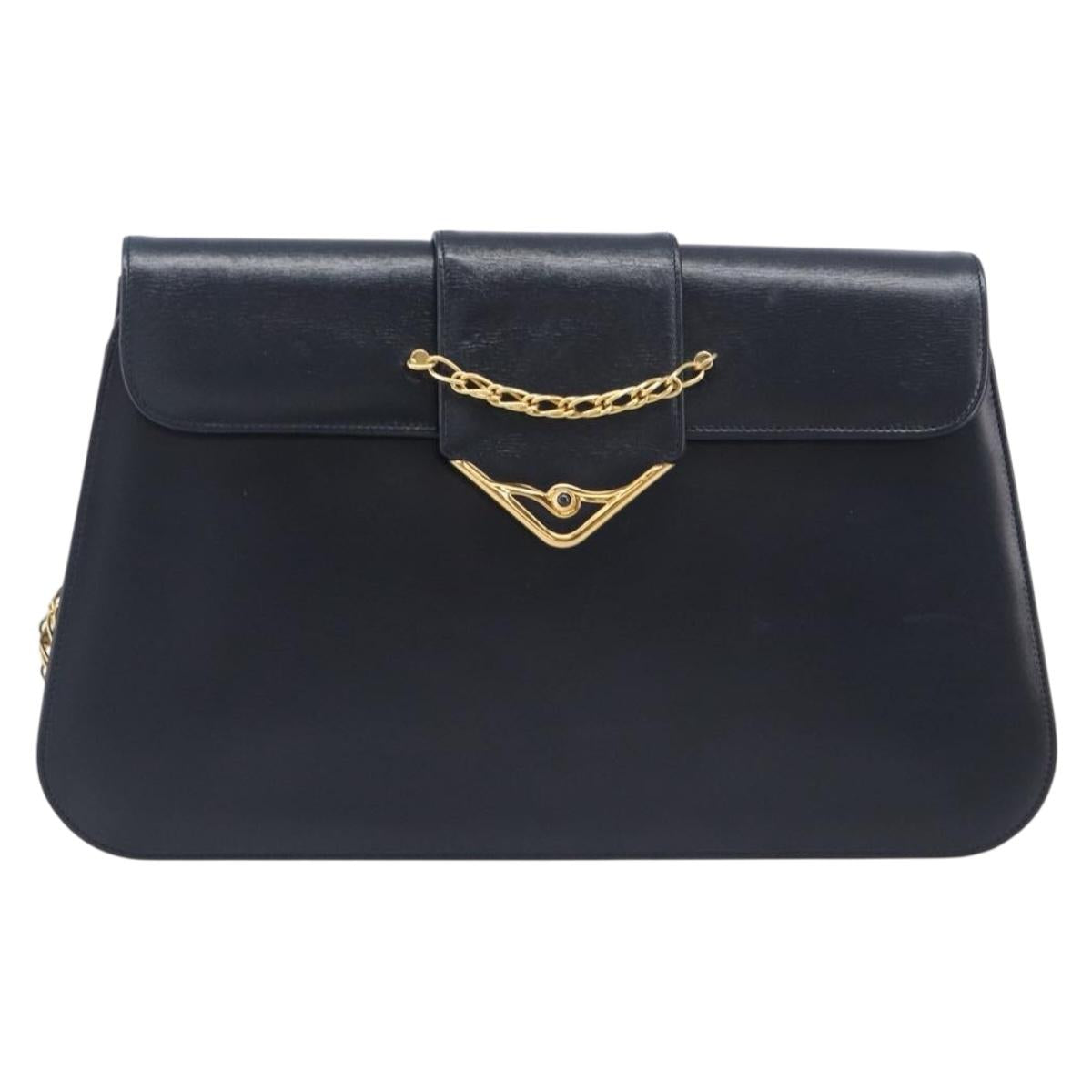 Cartier Chain Shoulder Bag Leather Black Gold Auth 210503A