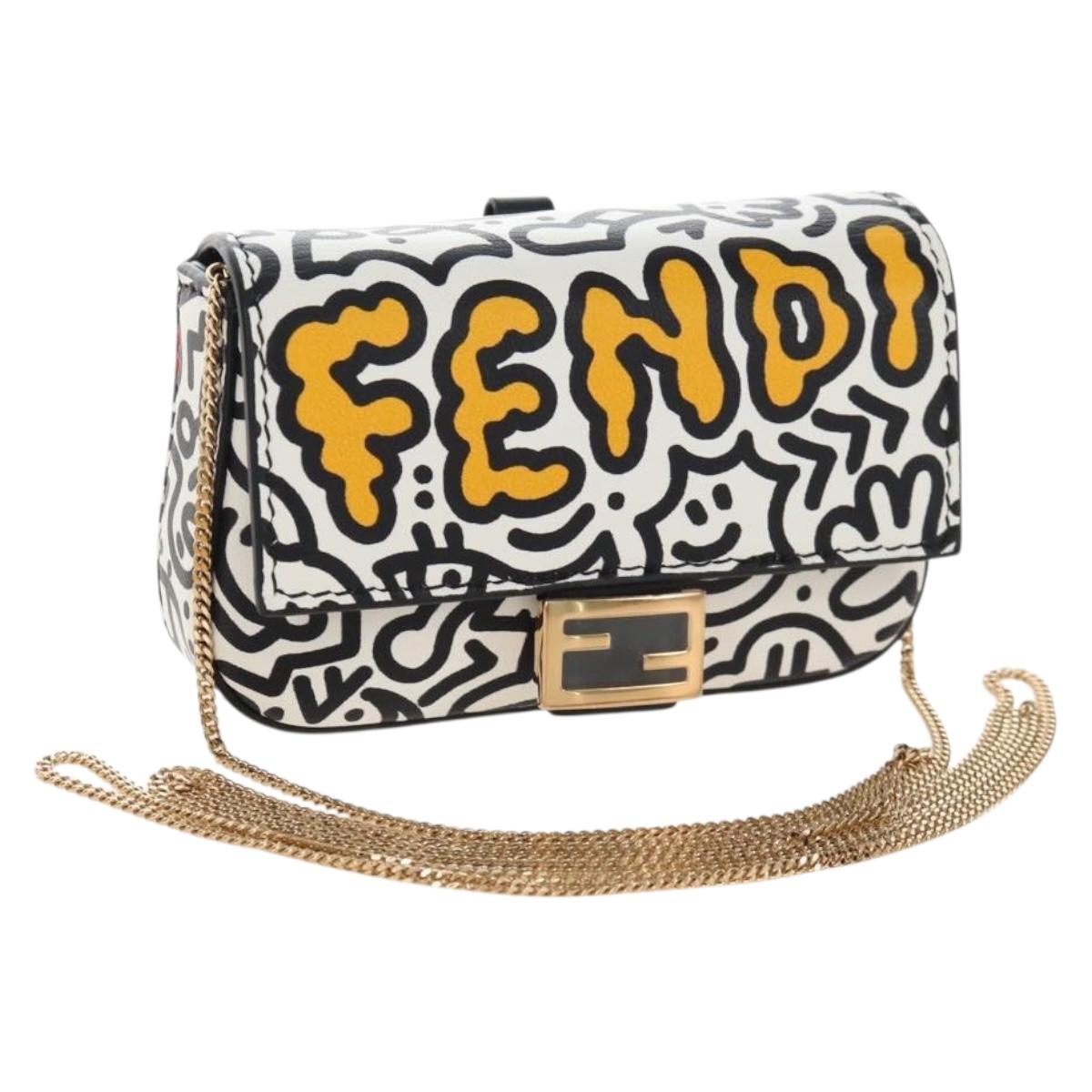FENDI Mr.Doodle Nano Bucket Pouch Leather White Gold Tone 7AR844 Auth 210507M