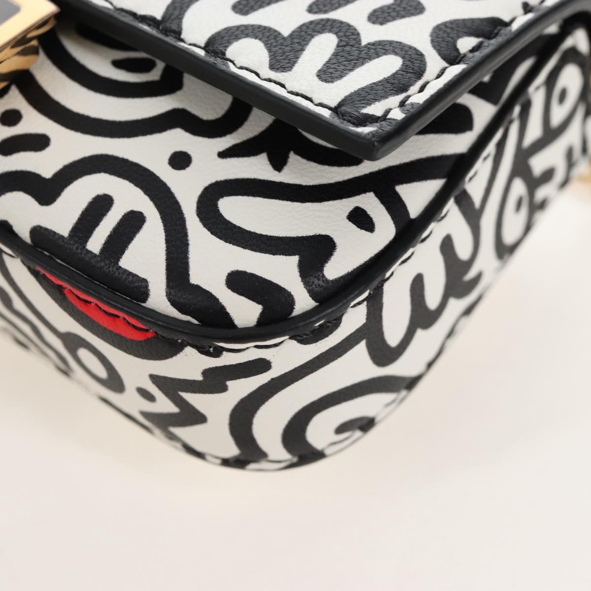 FENDI Mr.Doodle Nano Bucket Pouch Leather White Gold Tone 7AR844 Auth 210507M