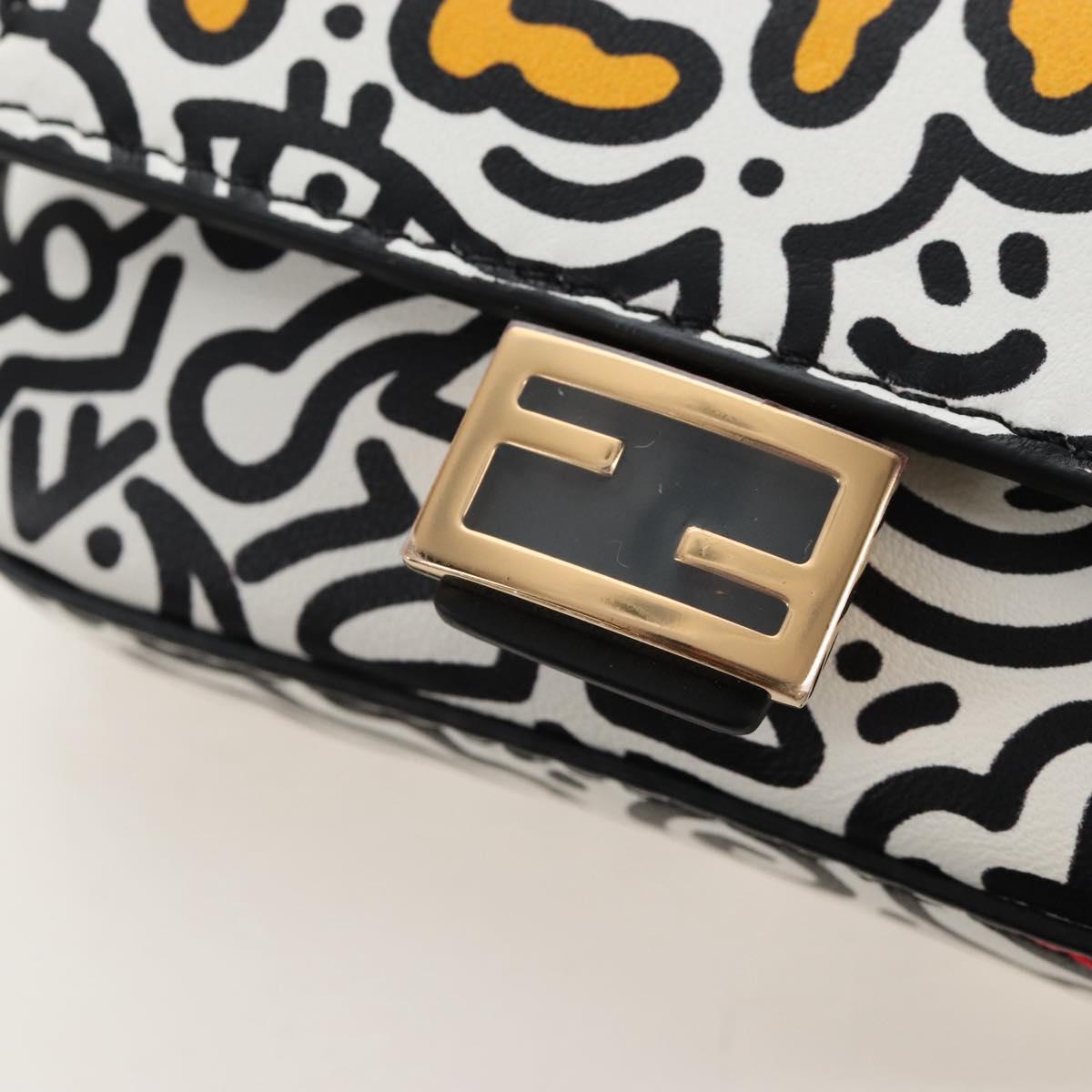 FENDI Mr.Doodle Nano Bucket Pouch Leather White Gold Tone 7AR844 Auth 210507M