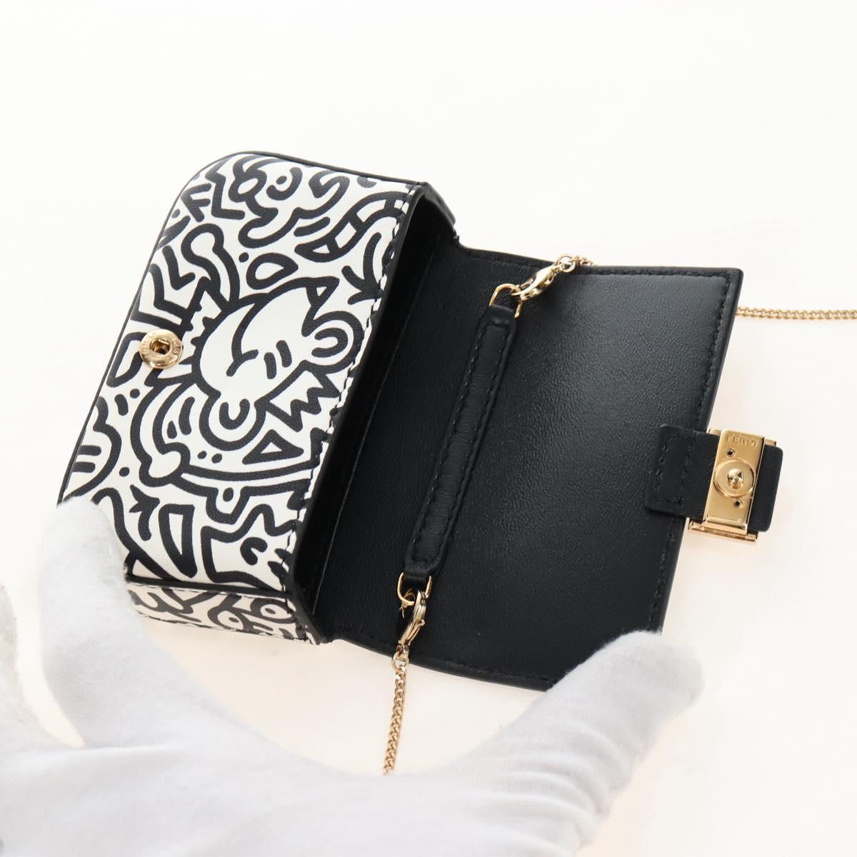 FENDI Mr.Doodle Nano Bucket Pouch Leather White Gold Tone 7AR844 Auth 210507M