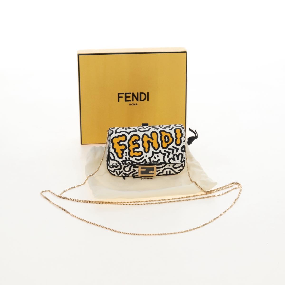 FENDI Mr.Doodle Nano Bucket Pouch Leather White Gold Tone 7AR844 Auth 210507M