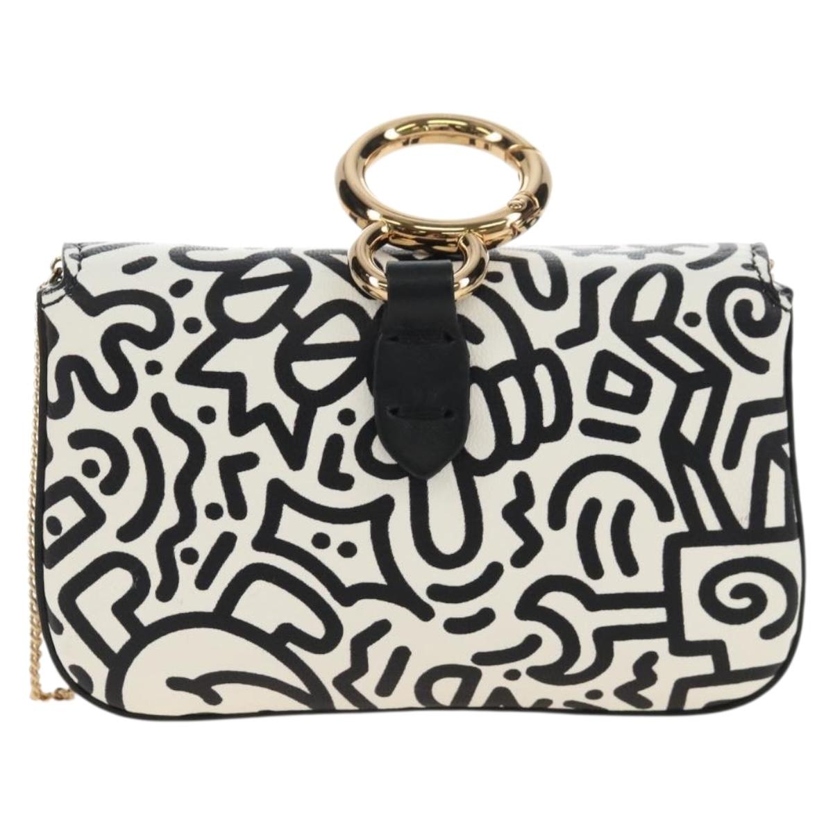 FENDI Mr.Doodle Nano Bucket Pouch Leather White Gold Tone 7AR844 Auth 210507M