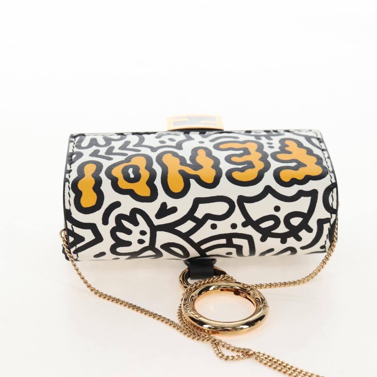 FENDI Mr.Doodle Nano Bucket Pouch Leather White Gold Tone 7AR844 Auth 210507M