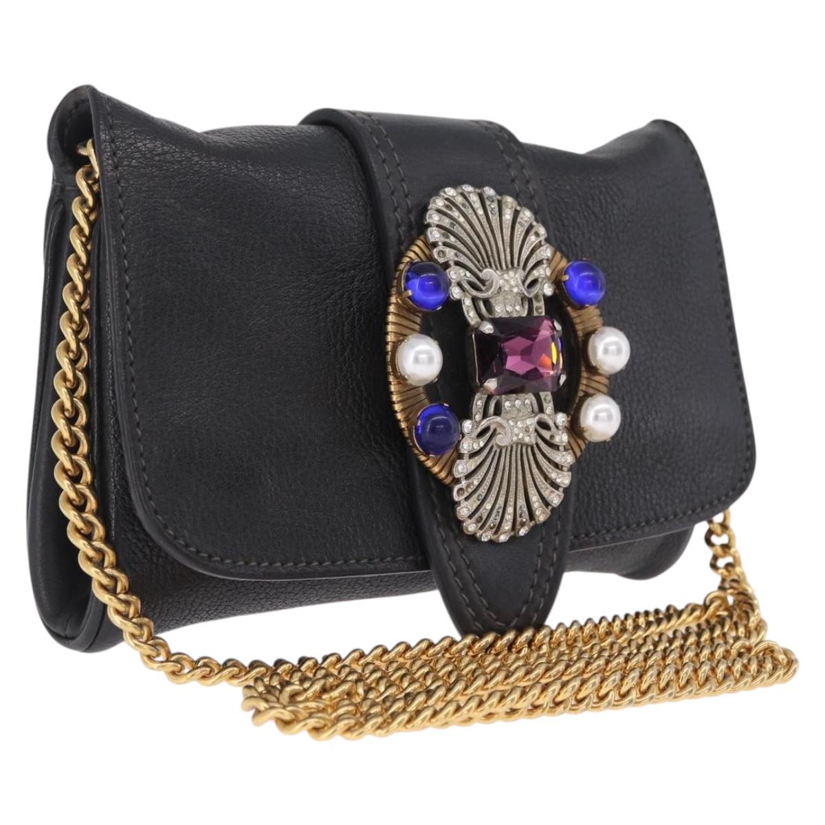 Miu Miu Chain Bijoux Shoulder Bag Leather Black Gold Auth 210510V