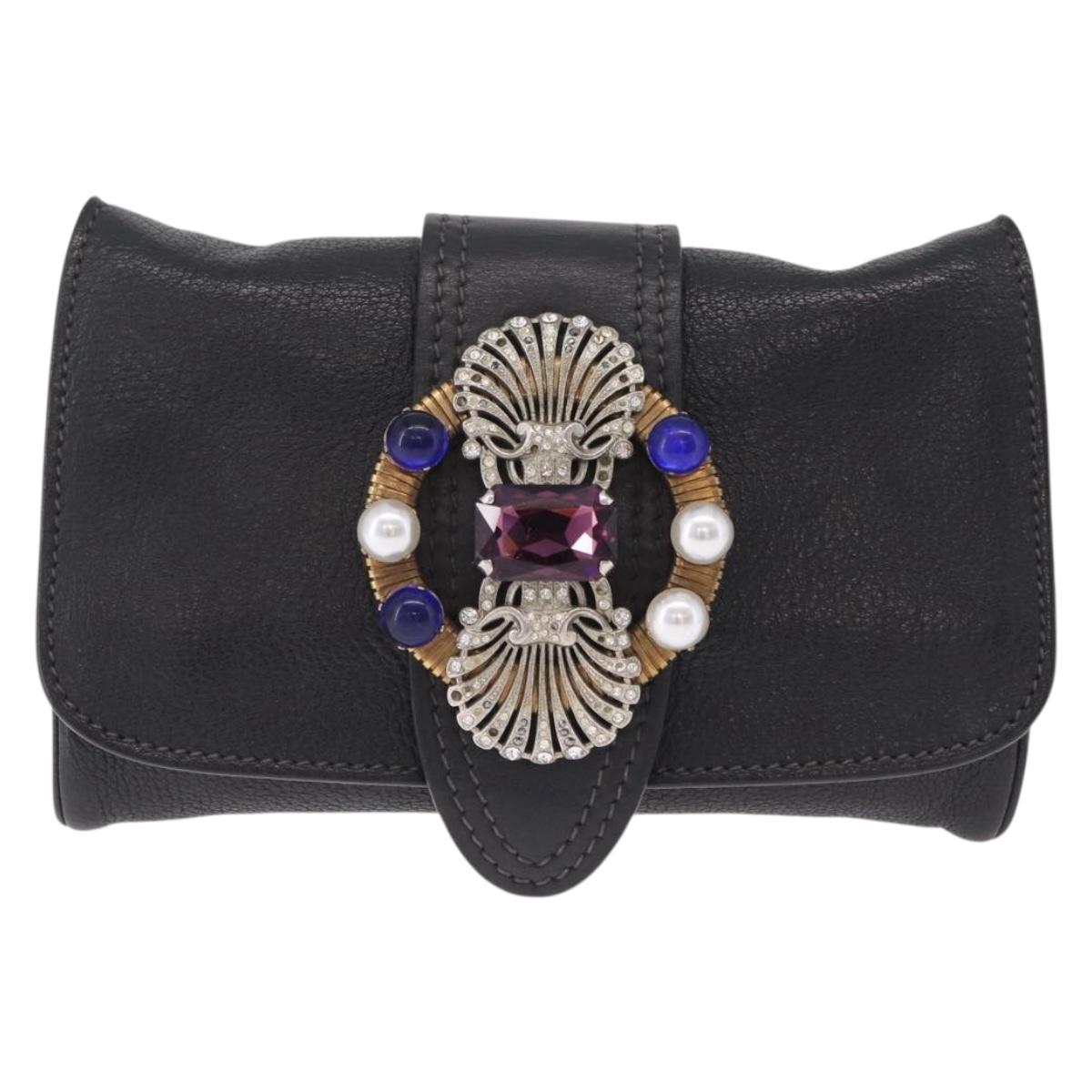 Miu Miu Chain Bijoux Shoulder Bag Leather Black Gold Auth 210510V
