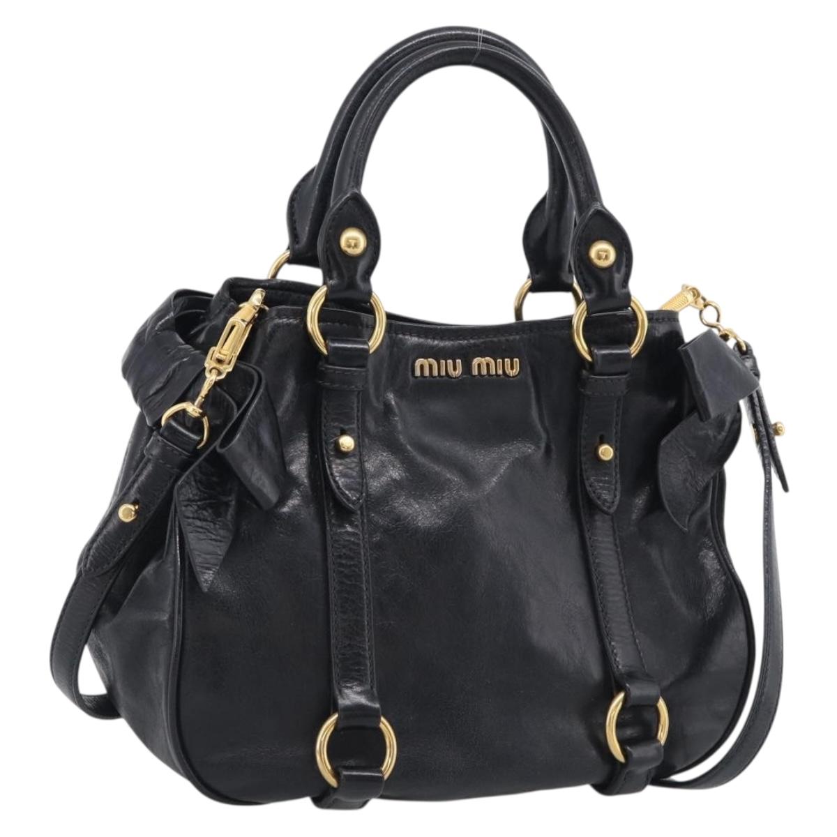Miu Miu Ribbon Hand Bag Vitello Lux Leather 2way Black Gold Auth 210521V