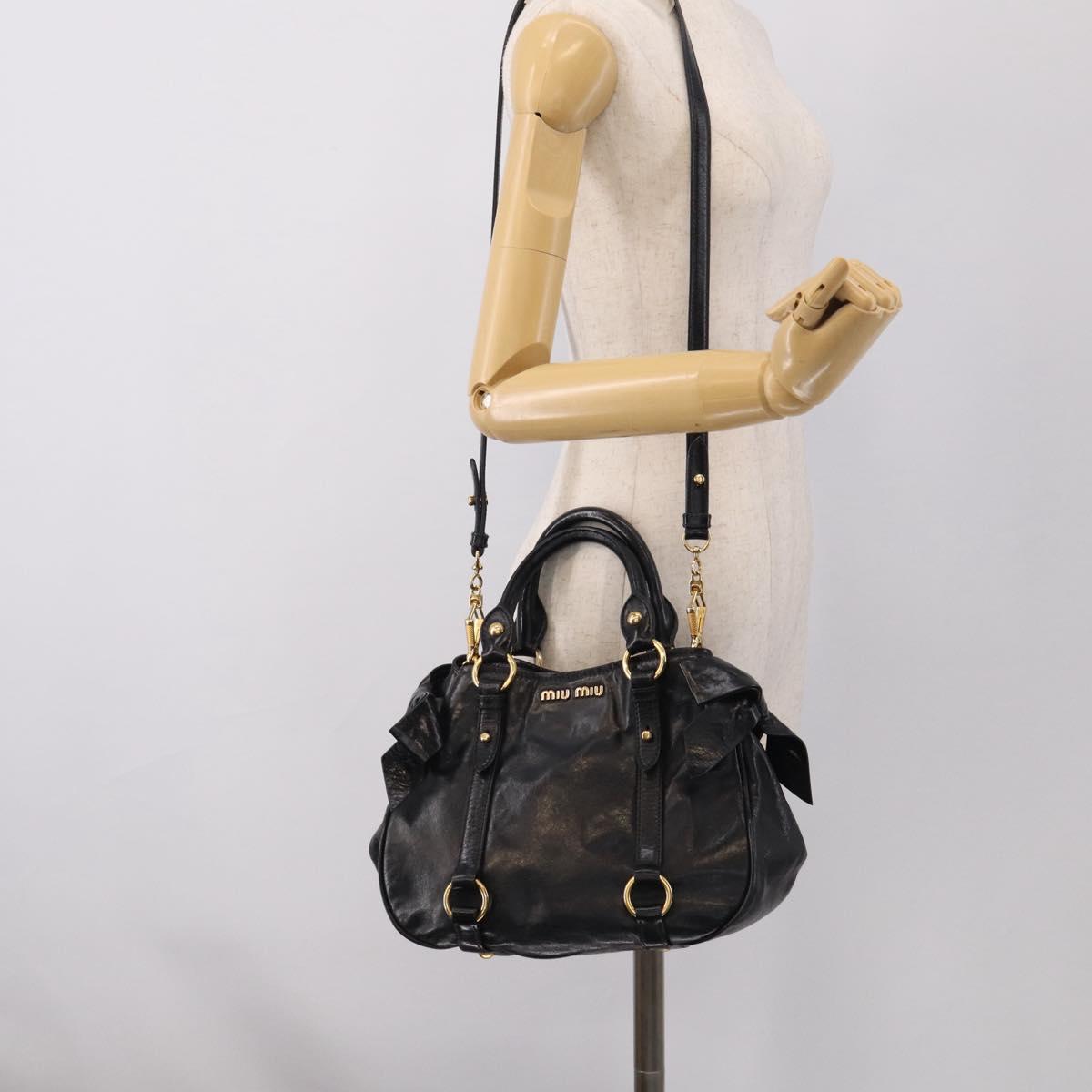 Miu Miu Ribbon Hand Bag Vitello Lux Leather 2way Black Gold Auth 210521V