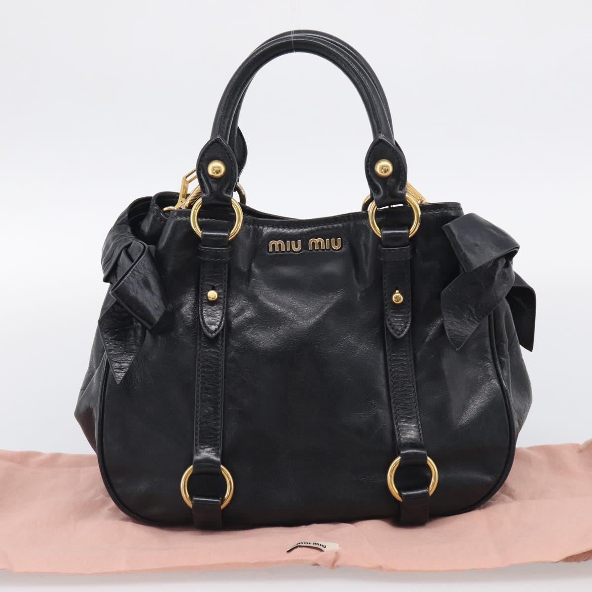 Miu Miu Ribbon Hand Bag Vitello Lux Leather 2way Black Gold Auth 210521V