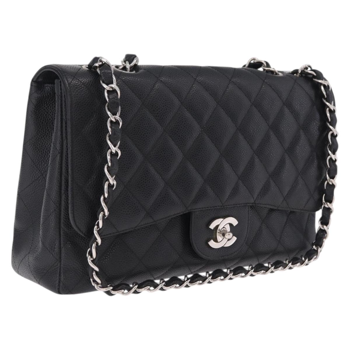 CHANEL Chain Matelasse 30 Bag Caviar Skin Black Silver CC Auth 210527SAV