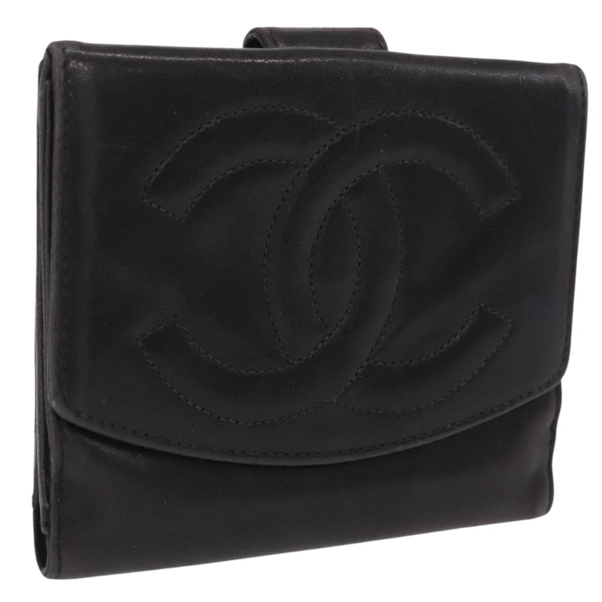CHANEL COCO Mark Wallet Leather Black Gold CC Auth 210616