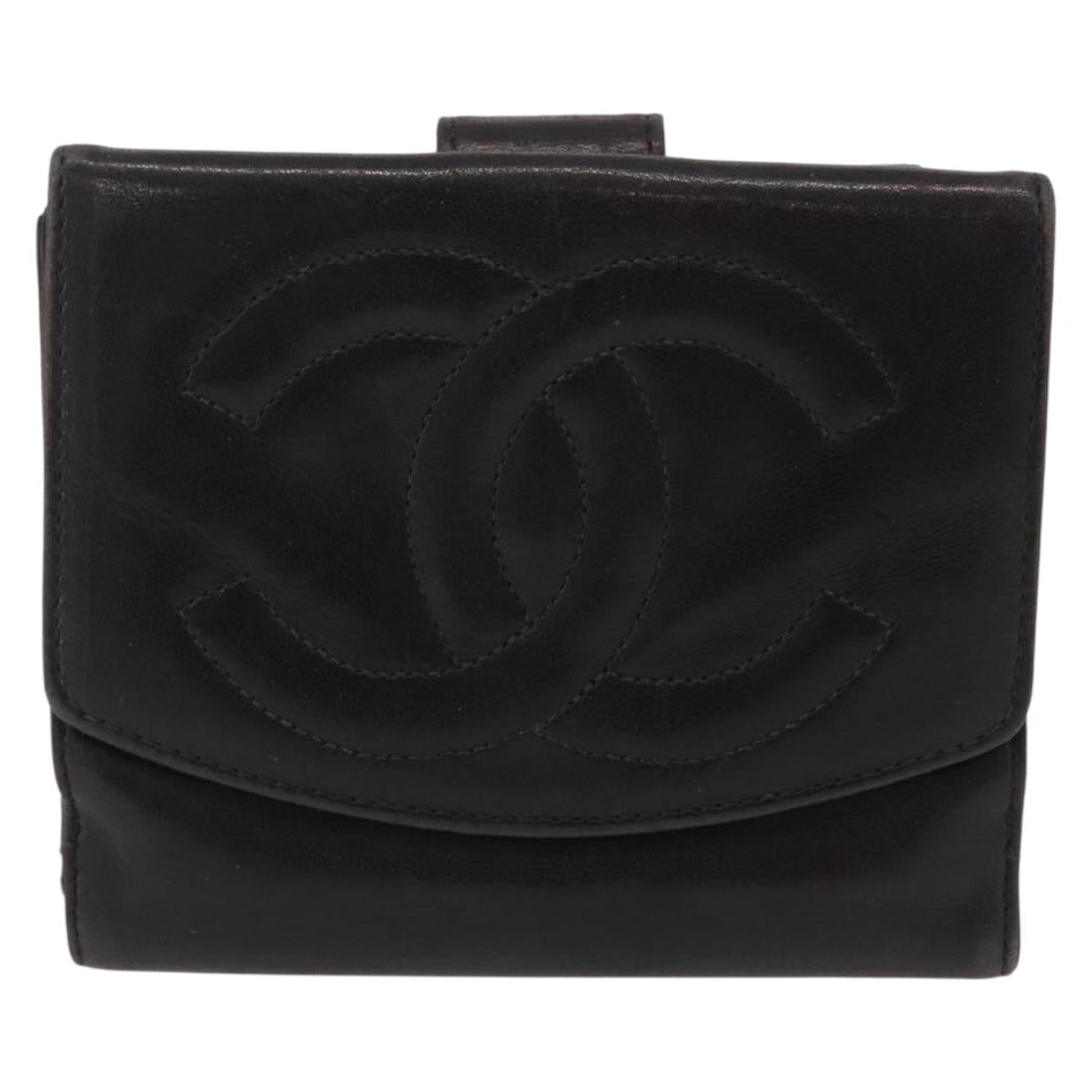 CHANEL COCO Mark Wallet Leather Black Gold CC Auth 210616