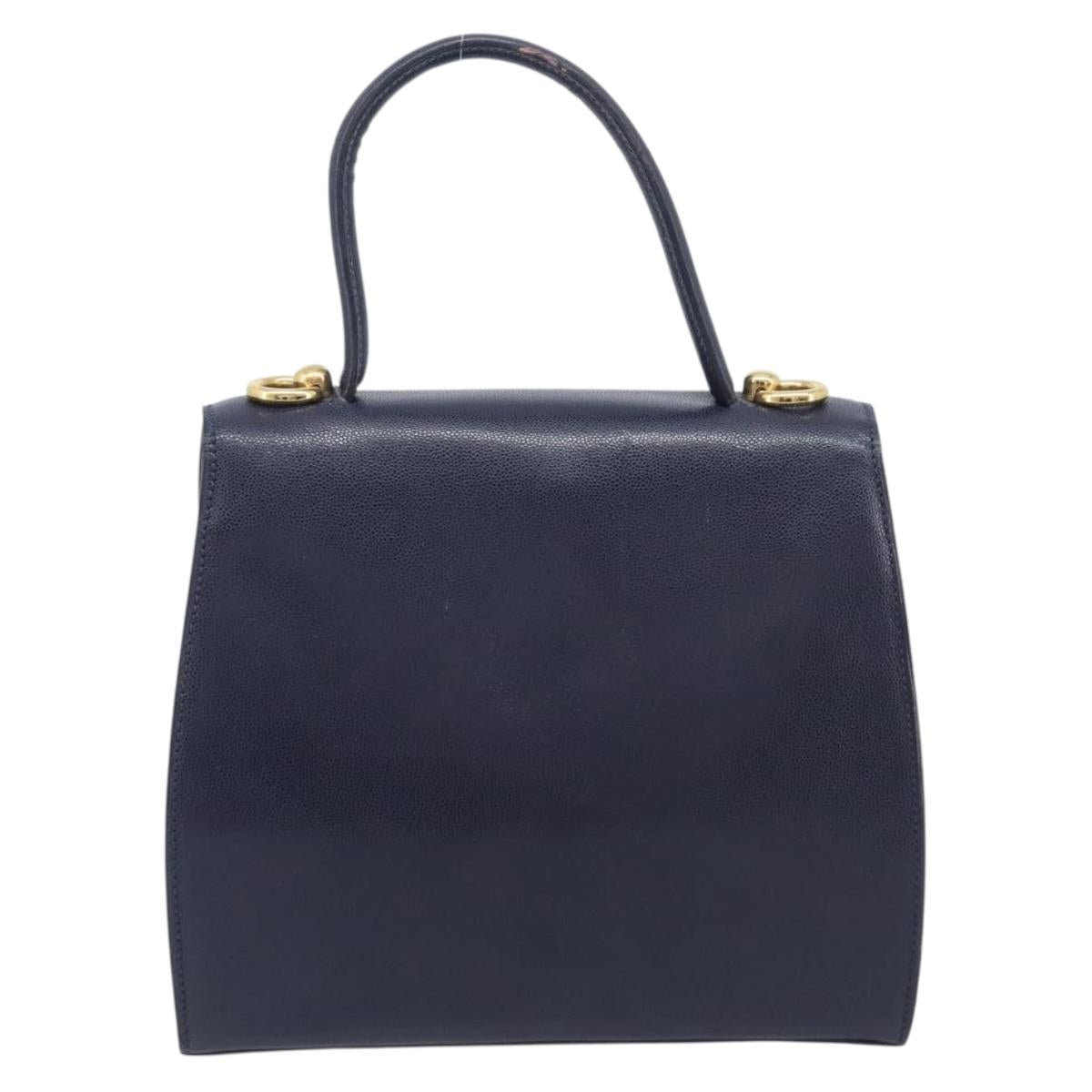 CELINE Hand Bag Leather Navy Gold Auth 210630